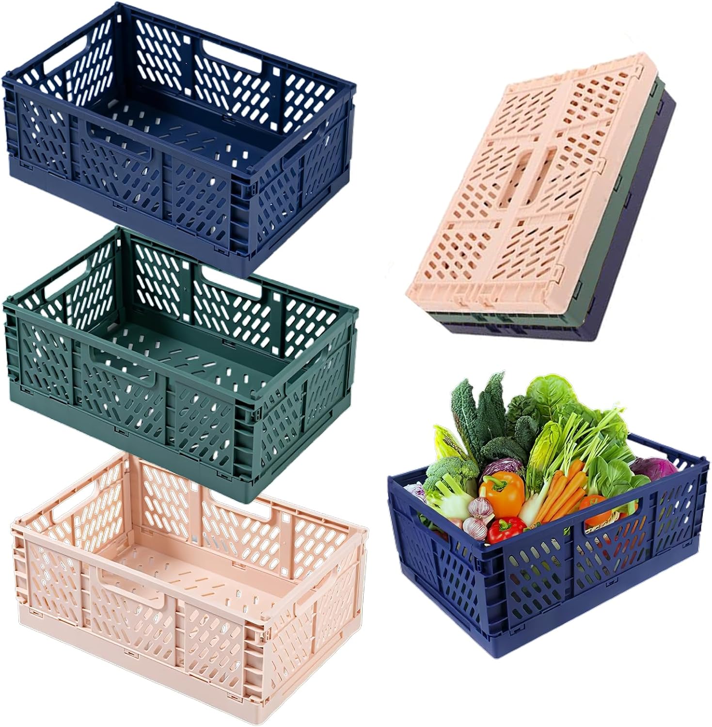 3Pcs Stackable Collapsible Storage Bins with Handles Plastic Crates
