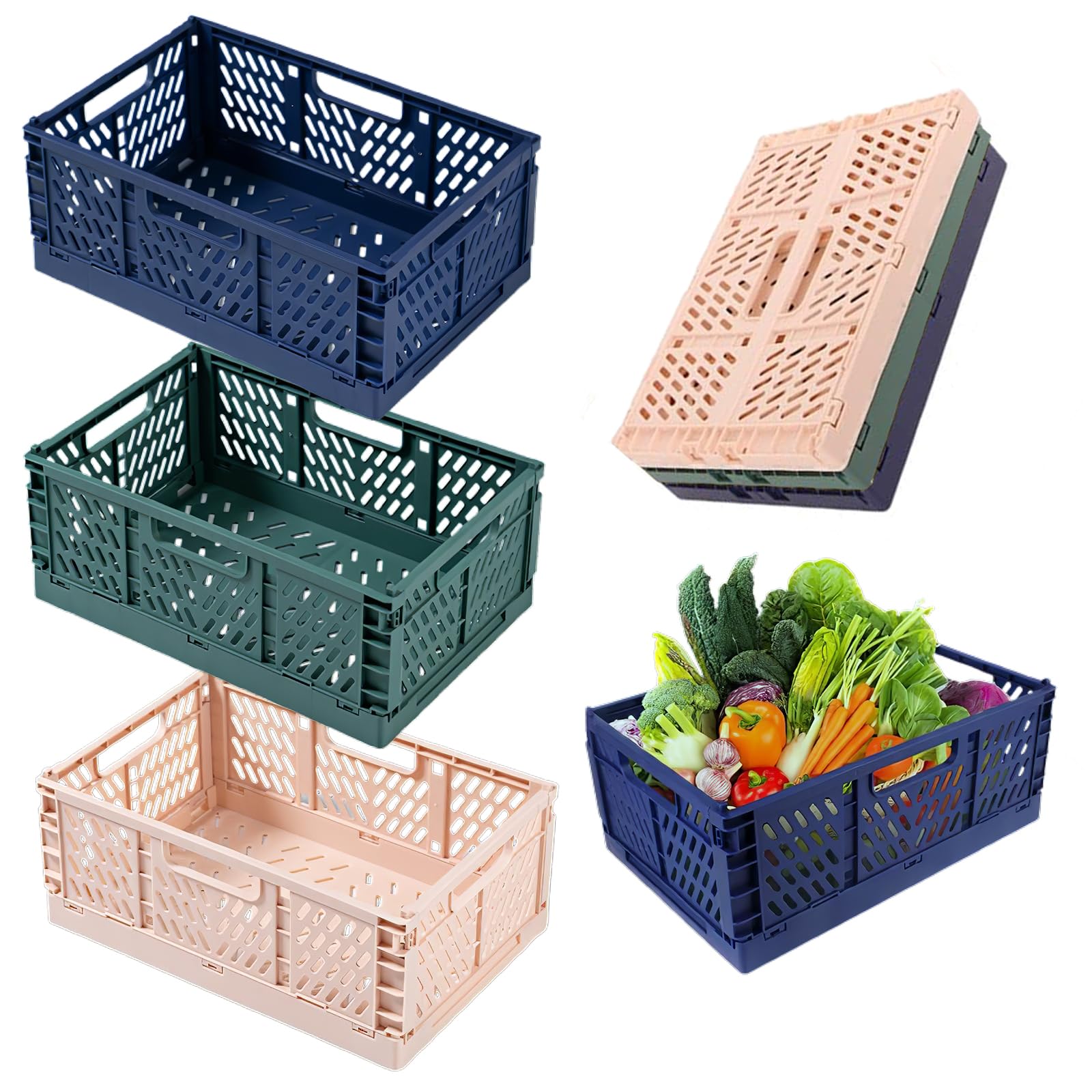 3Pcs Collapsible Stackable Storage Bins, 7.5L Foldable Baskets Plastic Crates with Handles, Colorful Fold Up Containers Mini Crate Folding Organizer Box for Office Kitchen Bathroom