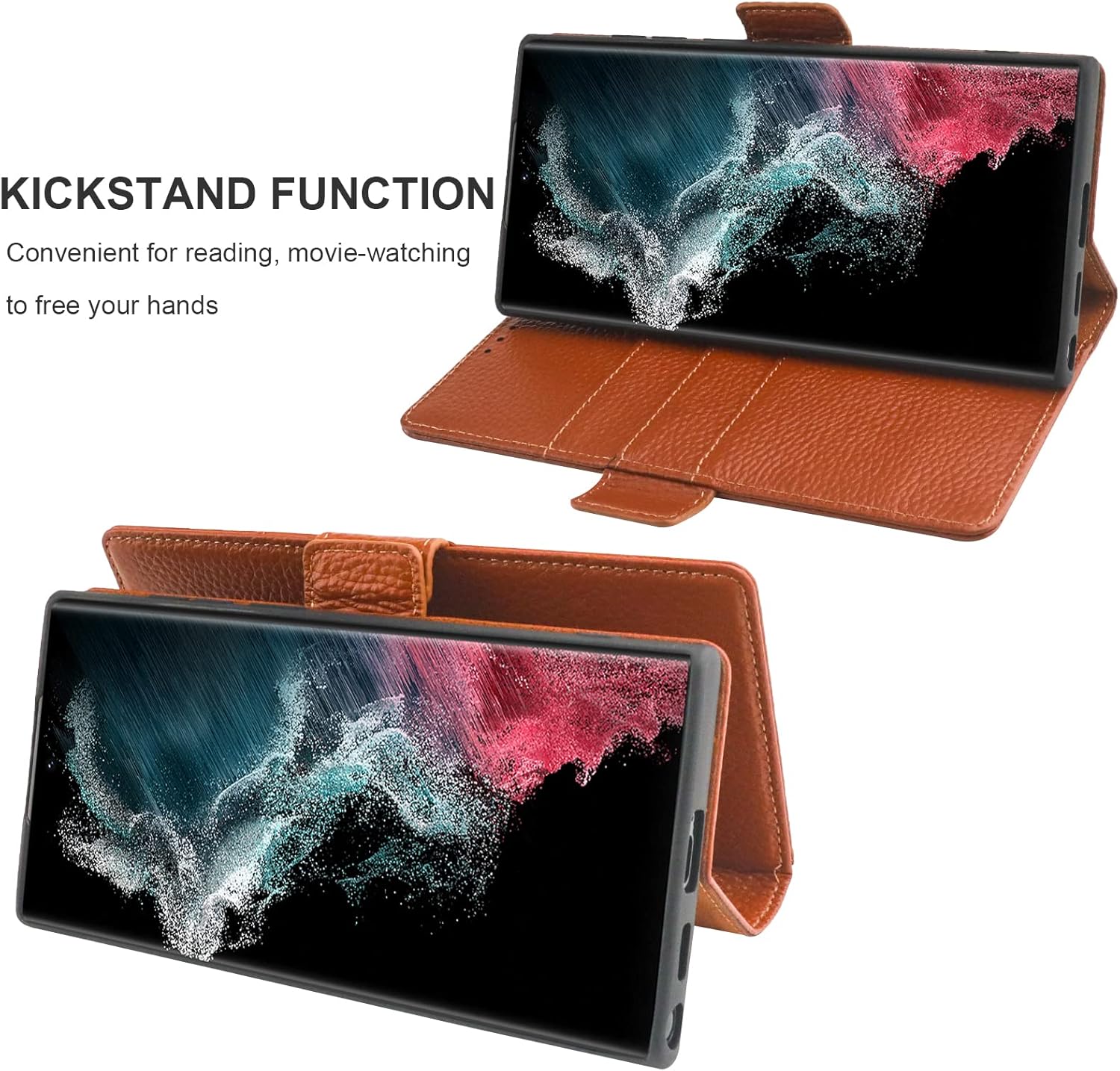 Bocasal Wallet Case for Galaxy S22 Ultra 5G, Genuine Leather Support Wireless Charging RFID Blocking Flip Case Card Slots Holder, Kickstand Magnetic Folio Cover with Wrist Strap 6.8 Inch (Brown)