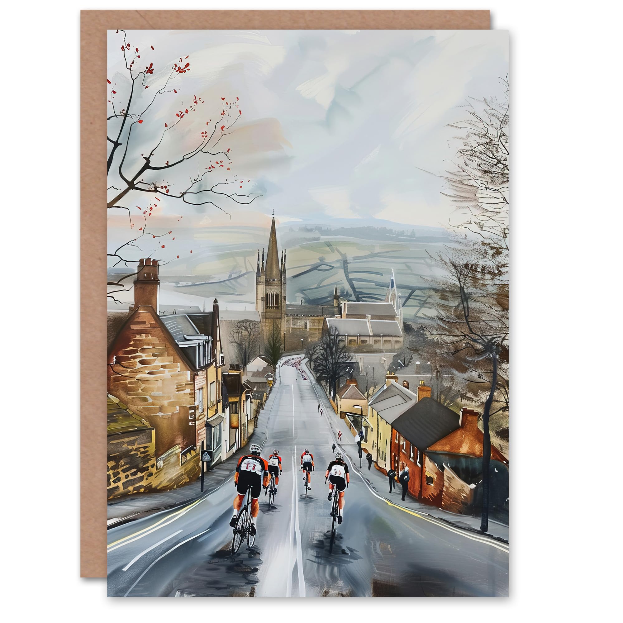 Artery8 Greeting Card Cyclists in Misty Yorkshire Town Street Painting For Him Man Birthday Card