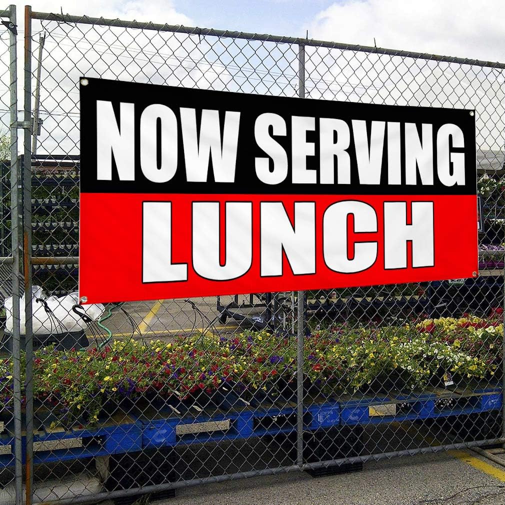 Vinyl Banner Multiple Sizes Now Serving Lunch Food Fair Promotion Restaurant & Food Outdoor Weatherproof Industrial Yard Signs Red 4 Grommets 24x48Inches