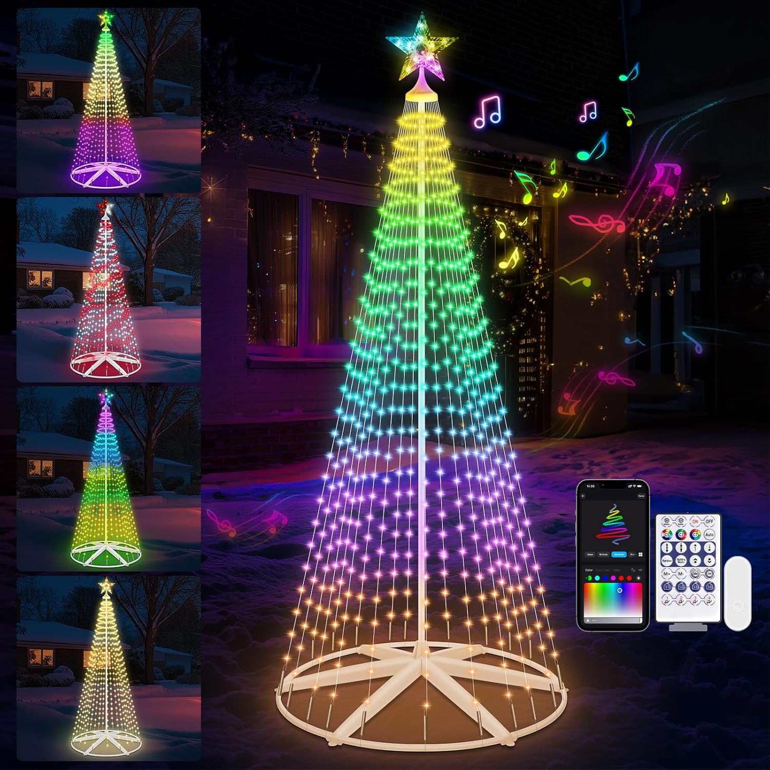 9.5FT Lighted Outdoor Christmas Tree Smart App Control, RGB Chirstmas Cone Tree Lights Music Sync, DIY Prelit Christmas Tree Lightshow, Magical Xmas String Lights Timer Remote for Indoor Outdoor Decor
