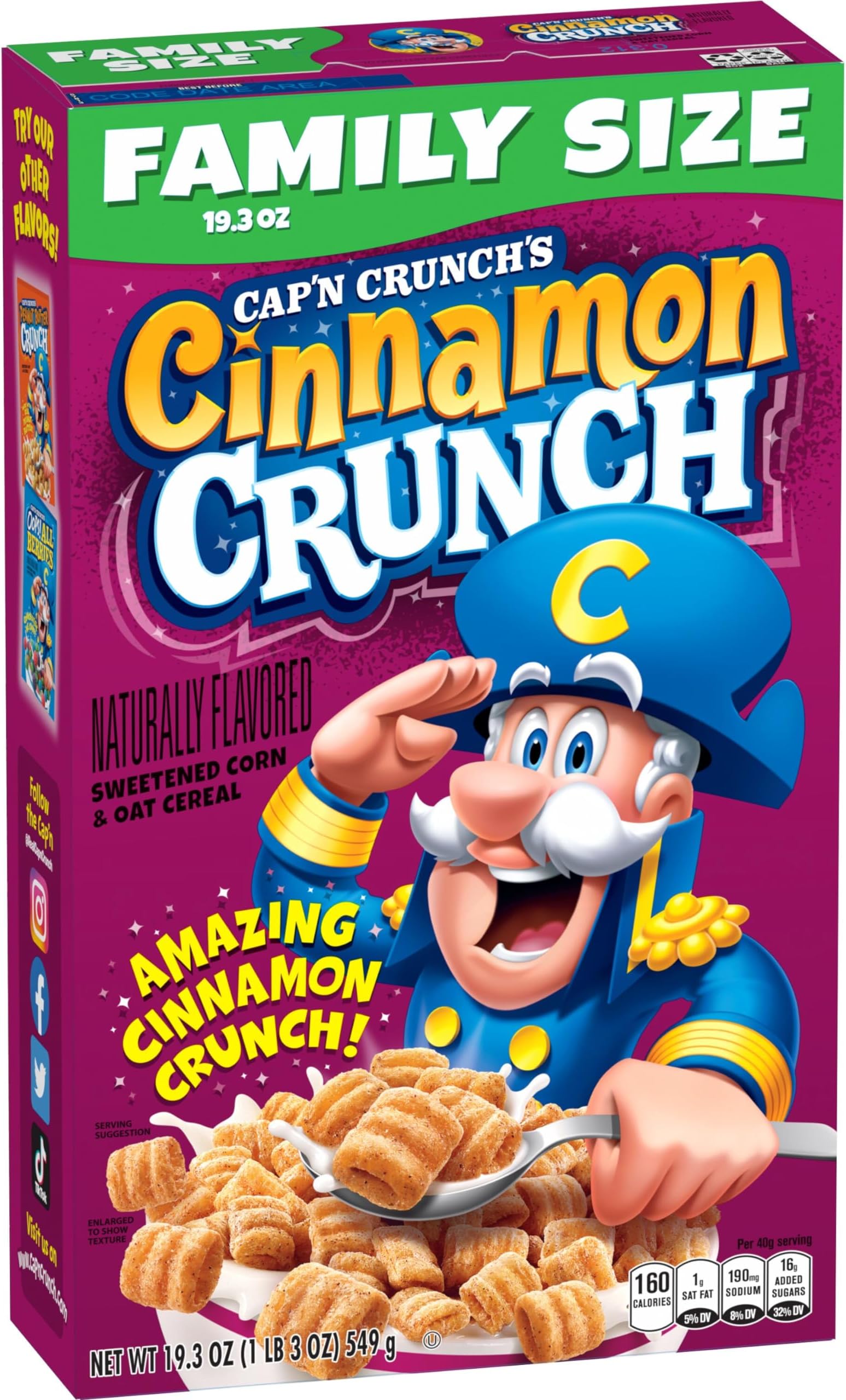 Breakfast Cereal, Cinnamon Crunch, 19.3oz Family Size Box