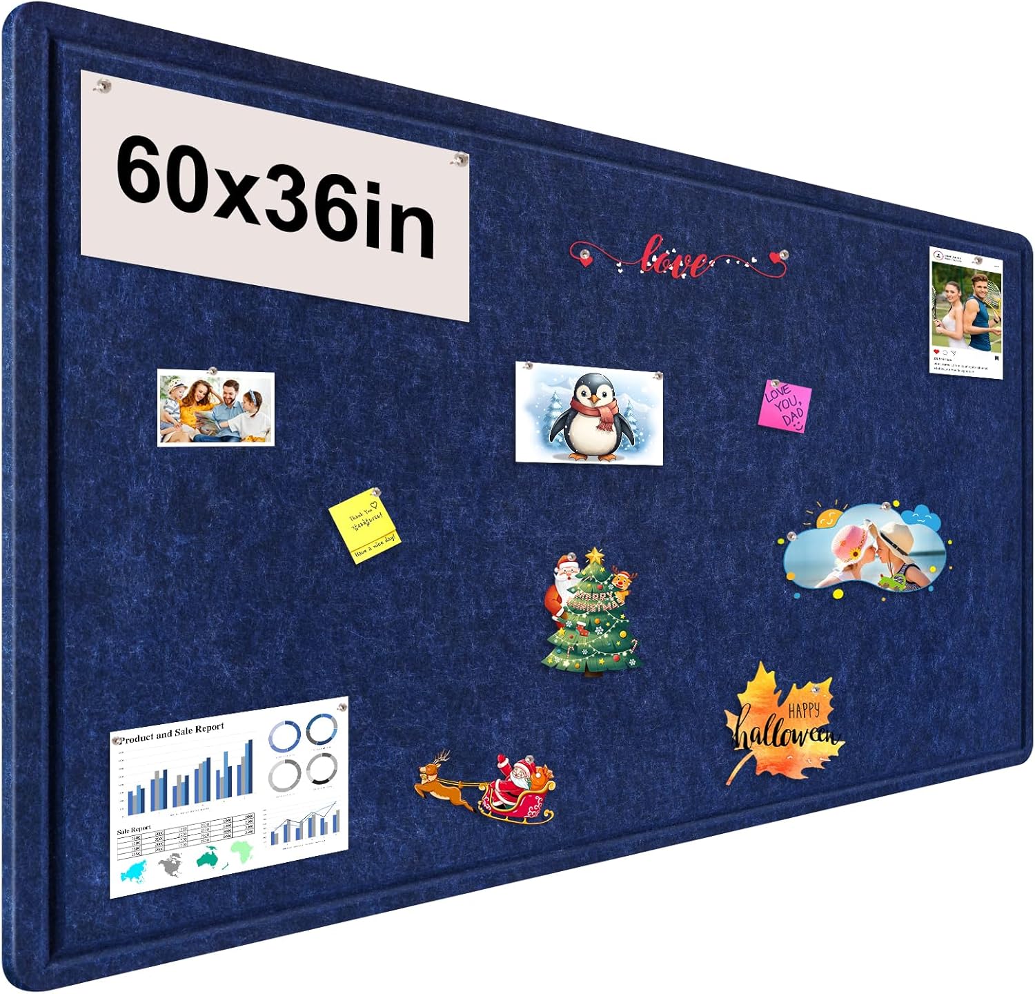 large bulletin board, foldable 60x36 inches cork board alternative, large felt board decorative pin board for wall, foldable photo board self-adhesive vision board with 36 pushpins dark blue