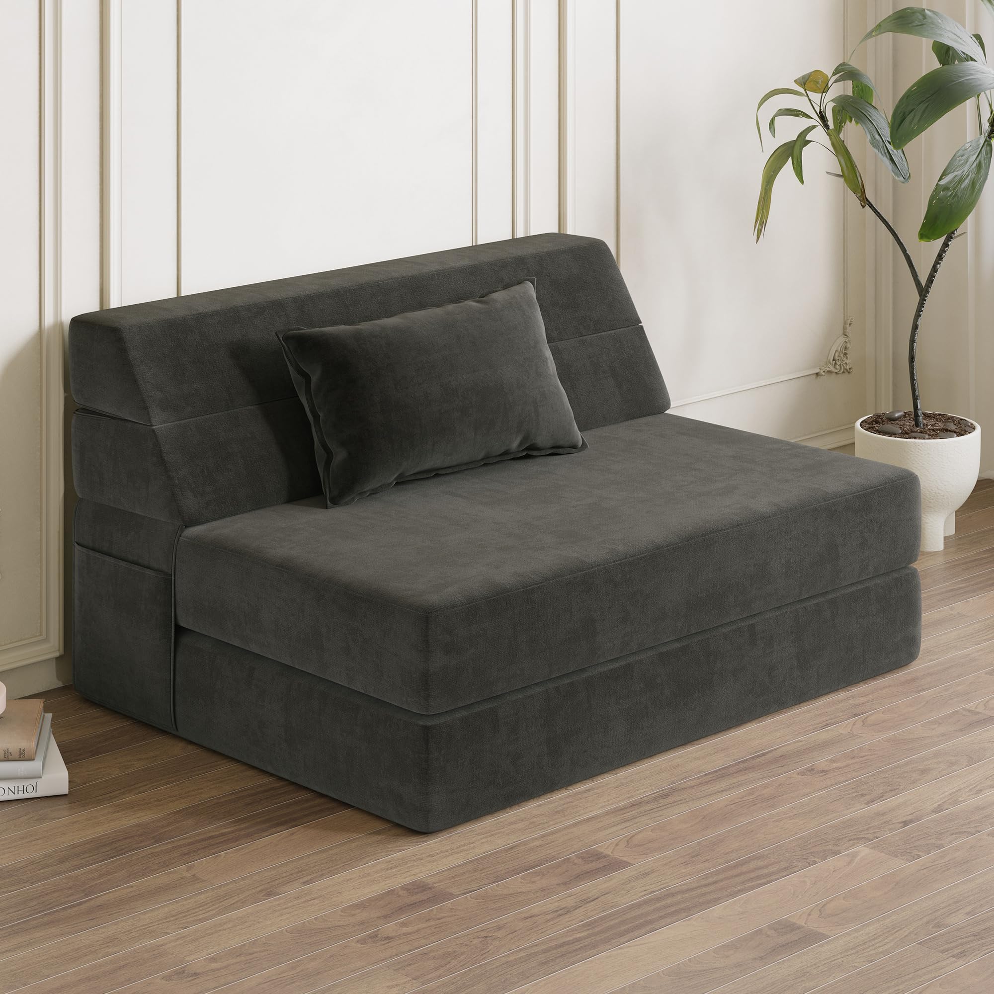 Luoxiao Folding Sofa Bed Convertible Sleeper Chair with Pillow Fold Out Couch Memory Foam Floor Mattress Portable Futon Sofa Bed Lazy Sofa for Living Room/Dorm/Guest Room/Home Office, Twin, Dark Grey