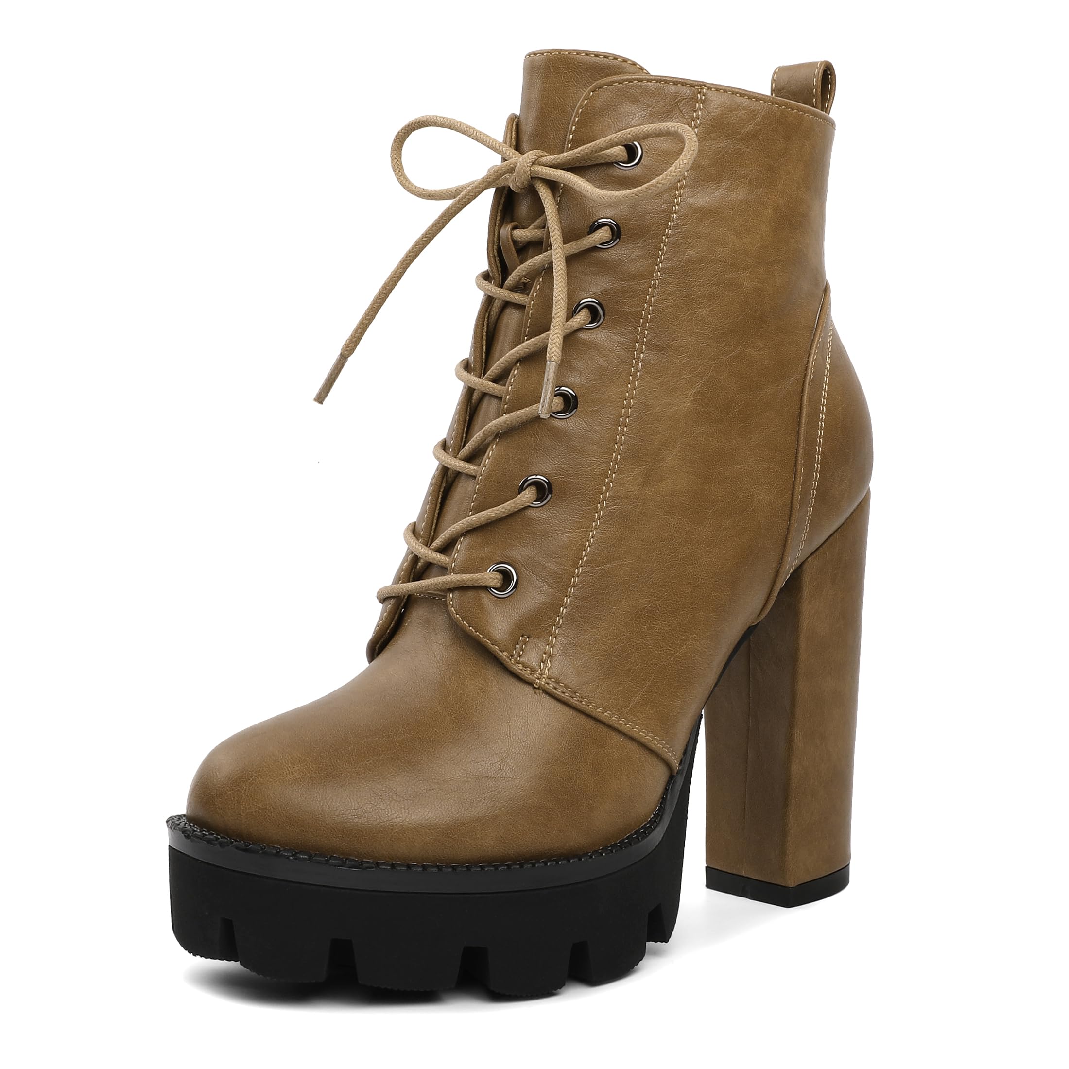 Mettesally Womens Platform Lace Up Ankle Boots Round Toe Chunky Block High Heels Side Zipper Short Boots Office