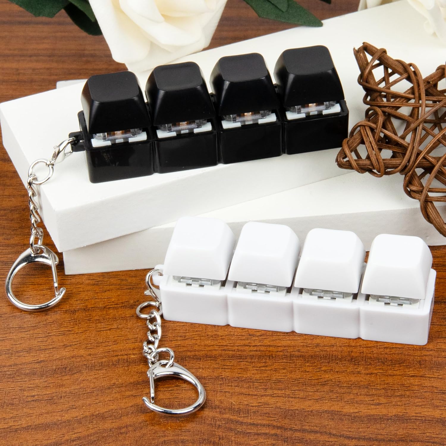 2 PCS White & Black Keyboard Fidget Toy, Keyboard Fidget Keychain 4-in-1 Keyboard Decompression Button Finger Clicker Toys, Button Stress Relief Fidget Gifts to Relief Stress (General)