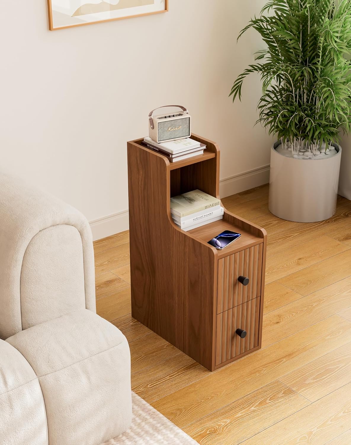 Narrow Side Table with 2 Drawers, Small Bedside Tables, Mid Century Modern Slim Night Stand with Storage, Wooden End Table for Small Spaces, Bedroom, Living Room（No Charging Station）