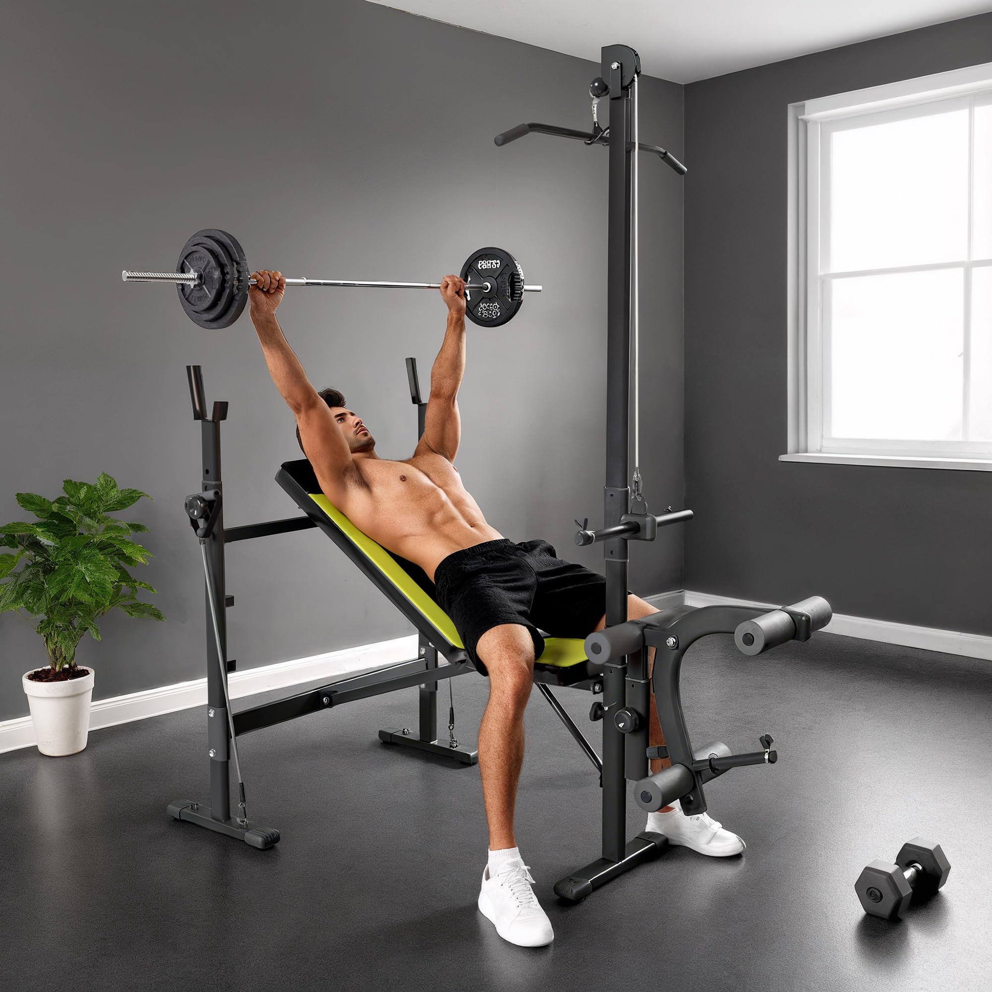 HOMCOM Banc de musculation Fitness entrainement complet dossier réglable cordes traction curler supports barre et haltères noir et jaune