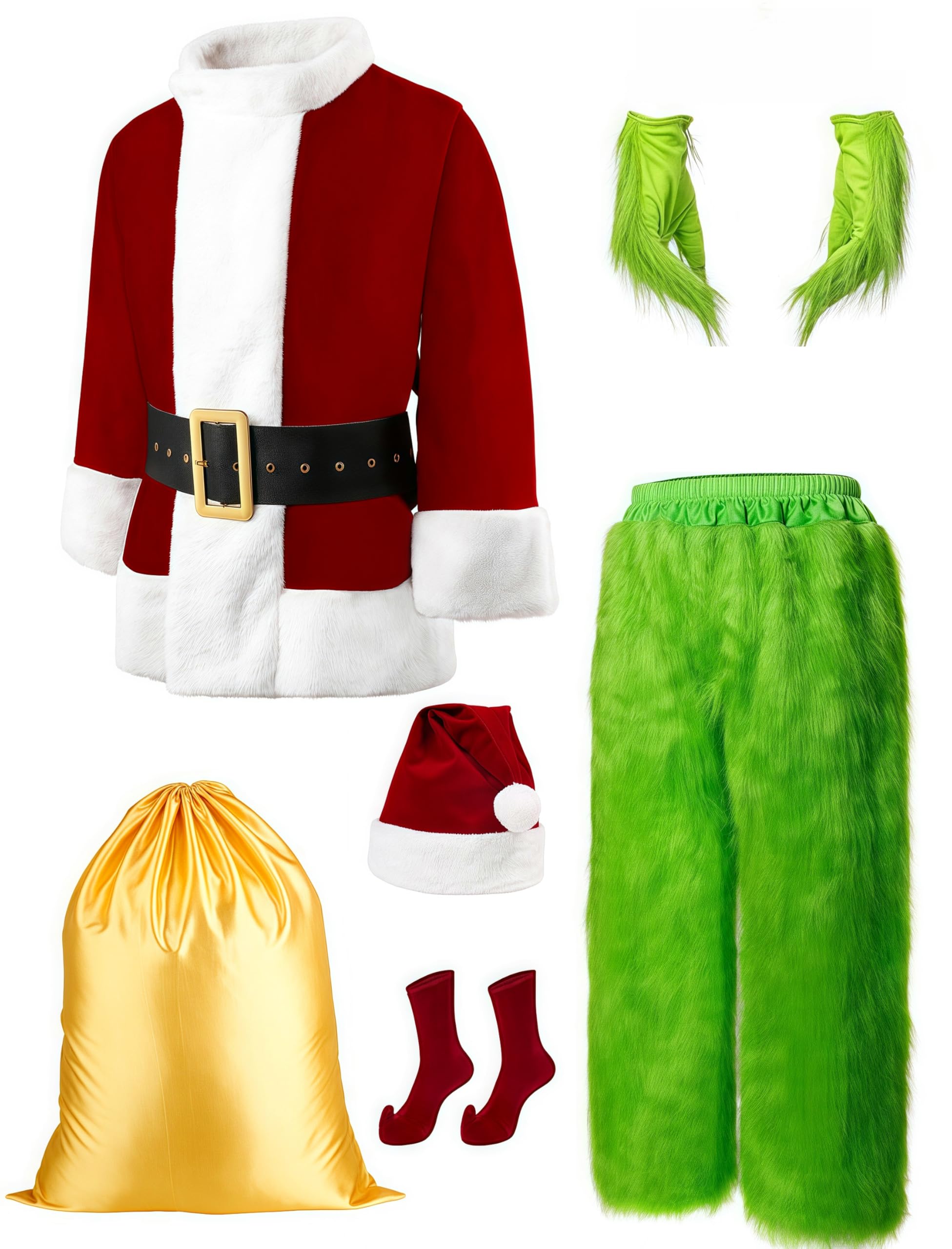 Halloween Green Costumes Adult, 8pcs Furry Santa Claus Costume for Men