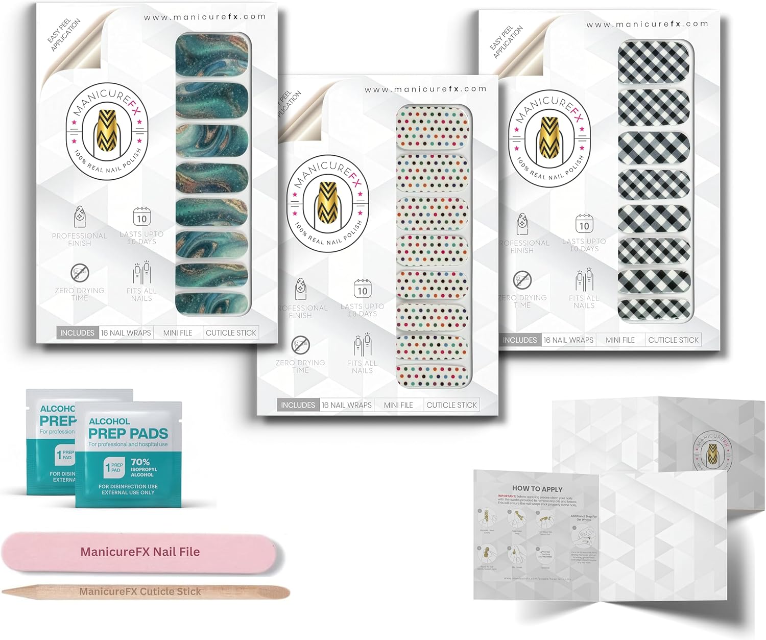 Nail Polish Strips (3 Designs), 48 Full Nail Wraps, Stick