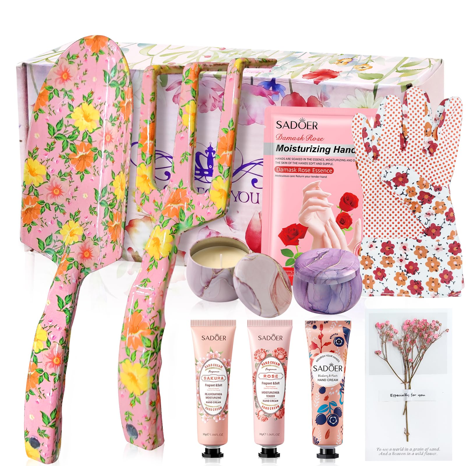 YUETOGUOGarden Gifts For Women,10Pcs Garden Tools Set Floral Print and Beautiful Gift Box,Candles Gloves,3Hand Cream, Birthday Mum Gifts for 50Th 60Th 70Th, Retirement, Christmas, Mothers Day