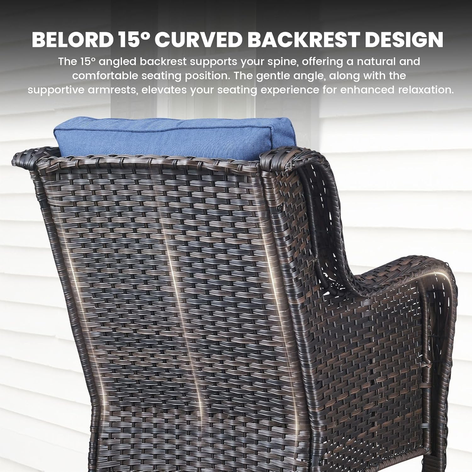 Belord High Back Patio Chairs Set of 2 - Brown Wicker Chairs Outdoor Seating, 4" Wide Armrests Rattan Outdoor Club Chair with Blue Removable Cushion for Deck Porch Backyard