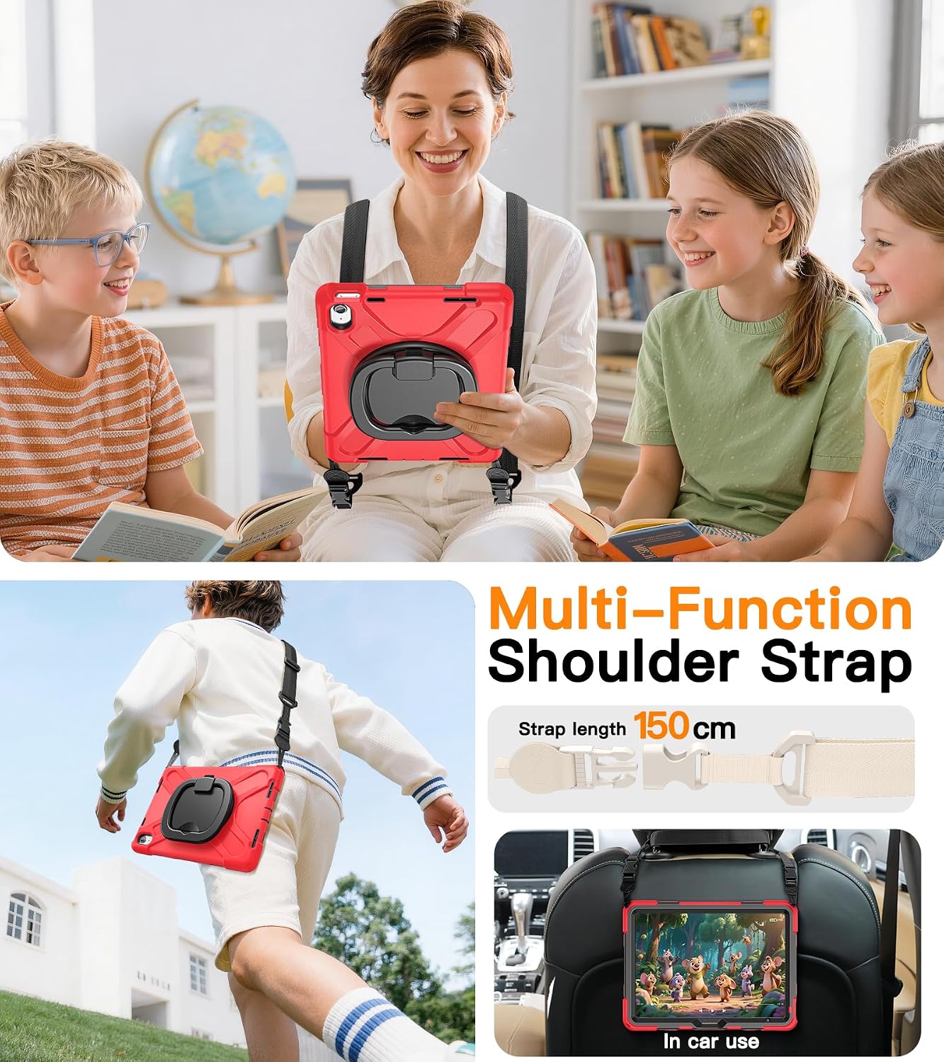 BATYUE Case for iPad (A16) 11th/10th Gen 11''/10.9'' 2025/2022 - Heavy Duty Shockproof Cover with 360° Rotating & 180° Folding Stand, Screen Protector, Shoulder Strap & Pencil Holder | Red