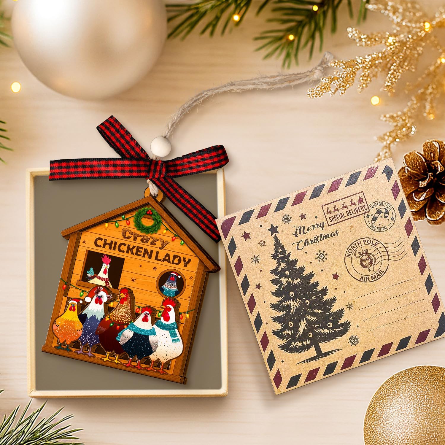 Chicken Christmas Ornaments - Farm Animal Christmas Ornaments - Chicken Ornaments for Christmas Tree - Crazy Chicken Lady Gifts for Women Chick Hen Lovers, Farmer - Wood Farmhouse Ornament - Image 3