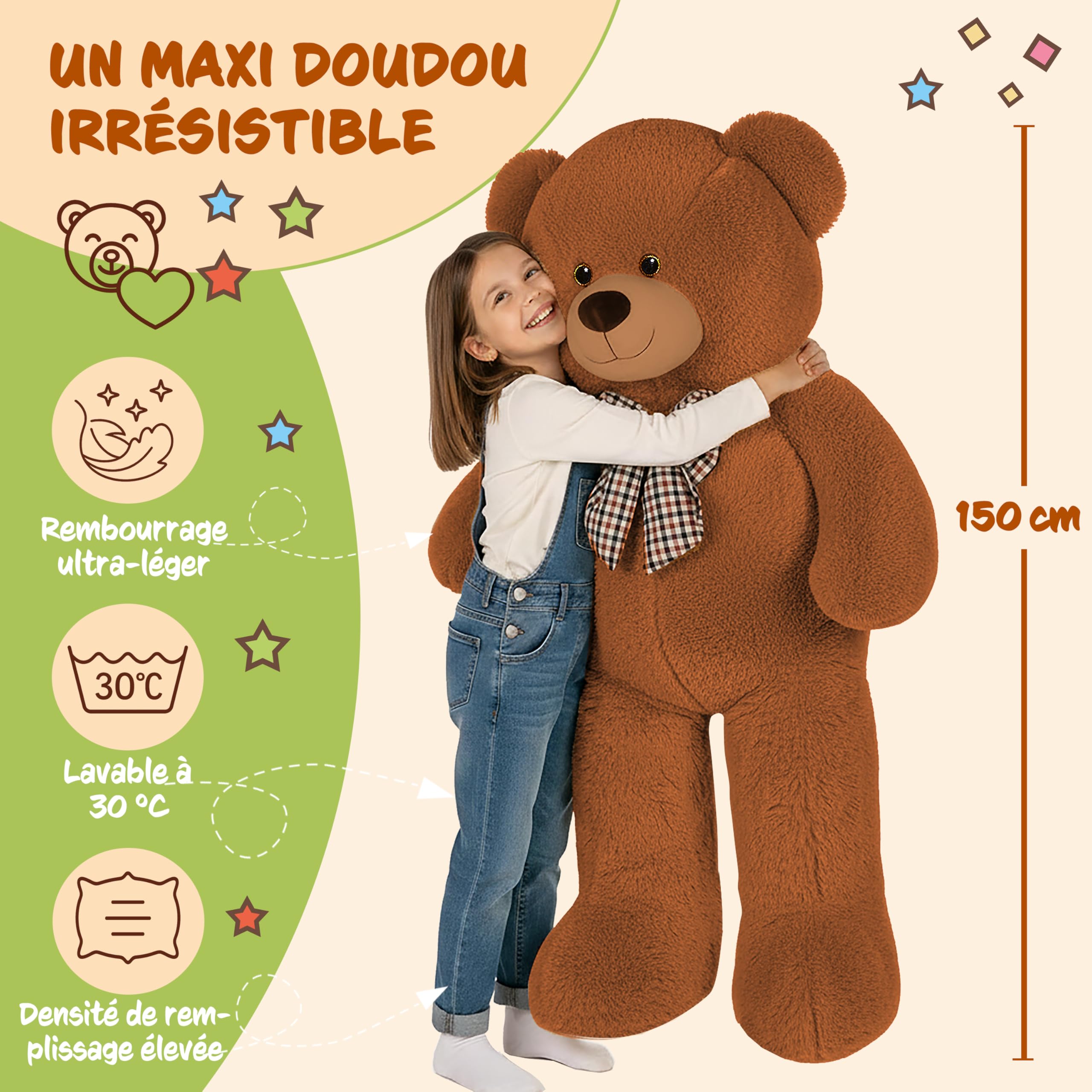 Monzana® Ours en Peluche Très Douce avec Noeud Papillon - Nounours 150cm Brun - Doudou Mignon Petit Ours Brun - Idée Cadeau Noël, Anniversaire, Saint-Valentin, Jouet Enfant