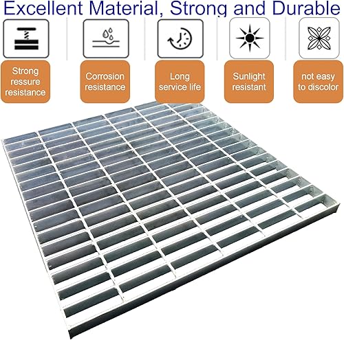 Miniatura 8 de DuuMuut Rejilla de drenaje de acero galvanizado y marco, cubierta de drenaje para exteriores de 18 x 18 pulgadas con base, rejilla de canal clase