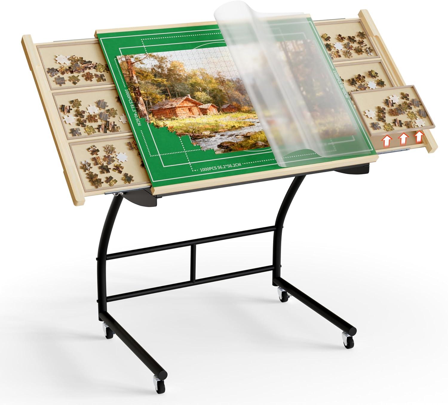 1500 Piece Puzzle Table - Puzzle Tables for Adults with Drawers, Tilting Jigsaw Puzzles Board with Cover, Standing Puzzle Table with Adjustable Height Legs and Wheels, Puzzle Lover's Present