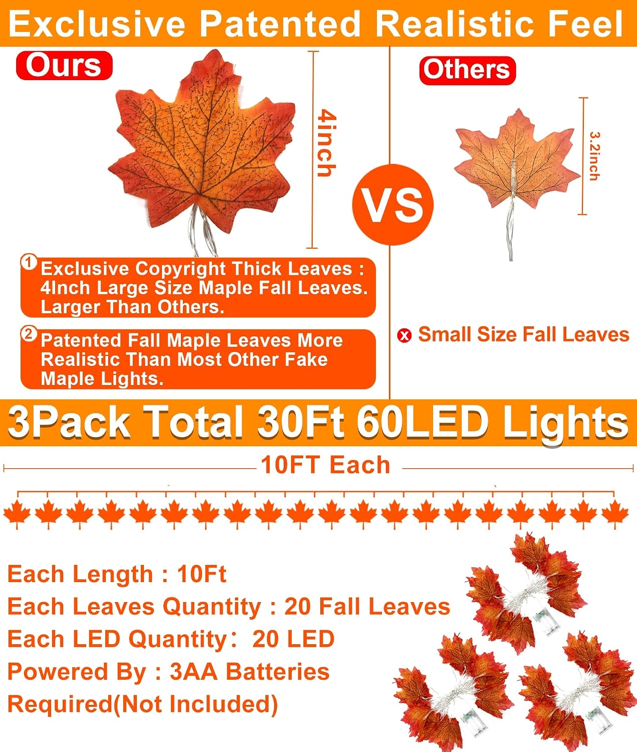 3 Pack Fall Lights Decor Fall Decorations for Home, Enlarged Maple Leaf Fall Garland, 30 Ft 60 LED Waterproof Battery Operated Lights Fall Decorations Indoor Thanksgiving Halloween Decor Outdoor