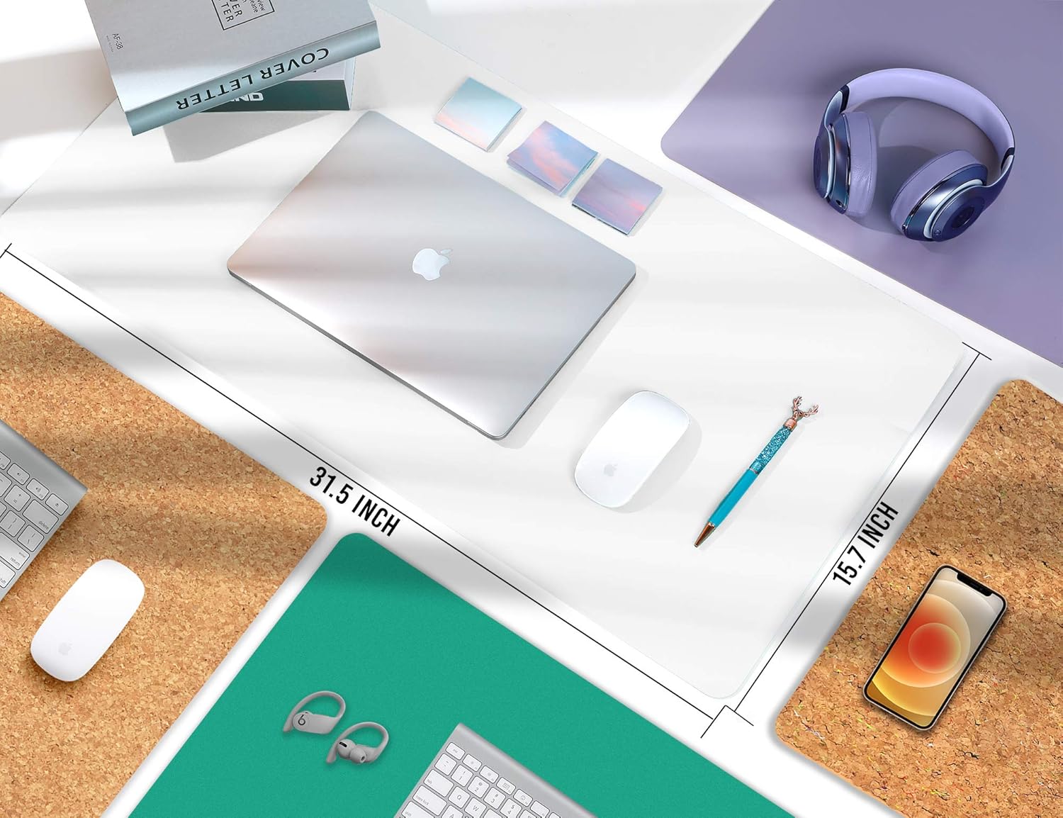 Aothia Office Desk Pad, Eco-Friendly Cork & PU Leather Dual Side Large Mouse Pad, Laptop Desk Table Protector Writing Mat Easy Clean Waterproof for Office Work/Home/Decor (White,31.5" x 15.7") : Office Products