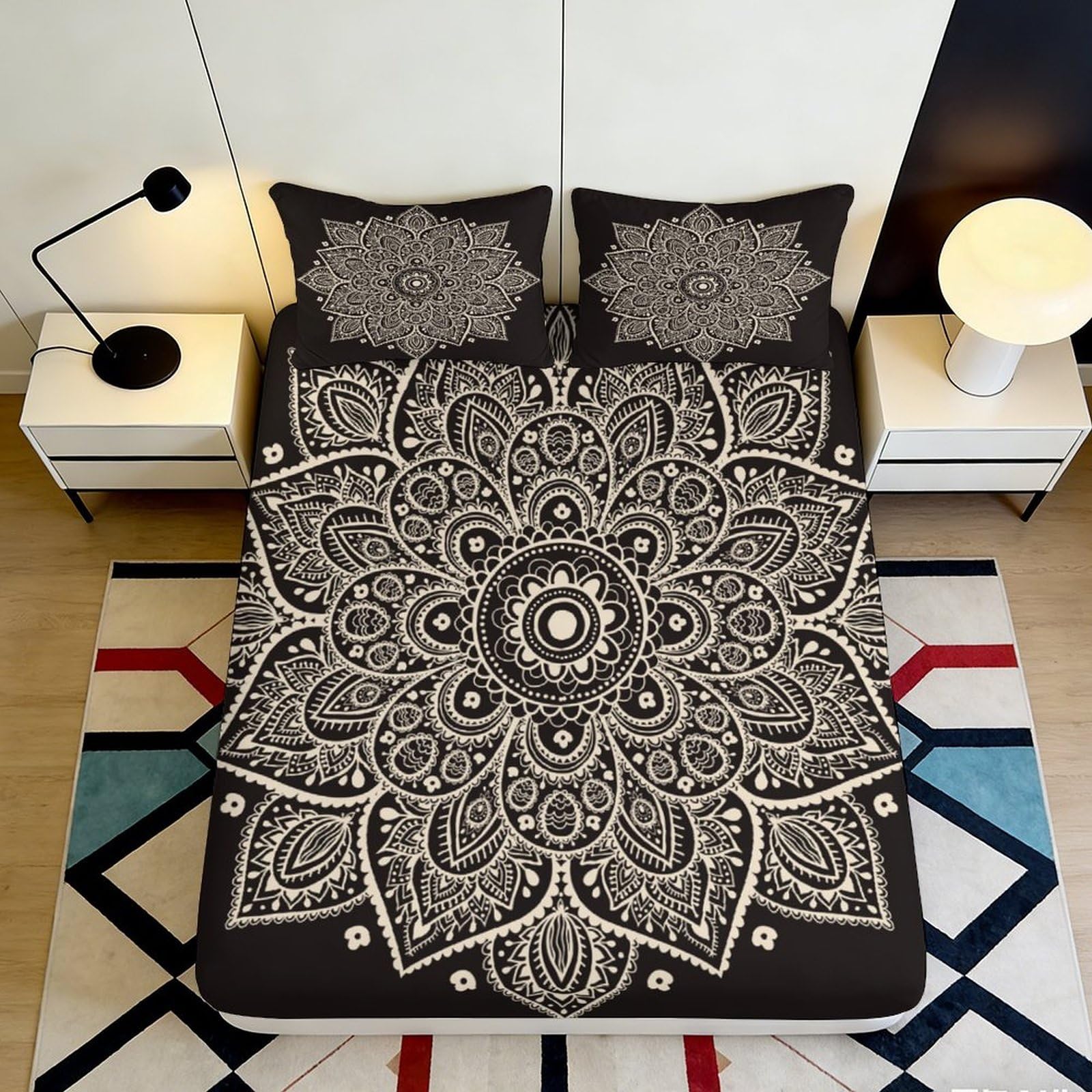 Uxinyoume Style-5 3D Printed Mandala Pattern Fitted Sheet Microfiber Soft Black White Bohemian Bed Sheet For Bedroom Guest Room Decor 90X200x25cm