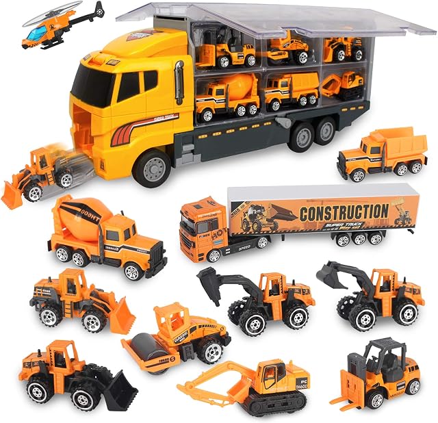 jenilily Construction Toy Vehicle Cars Model Trucks, Transporter Truck Mini Excavator Digger Dumper Tractor for Kids boys Age 3+ (yellow)