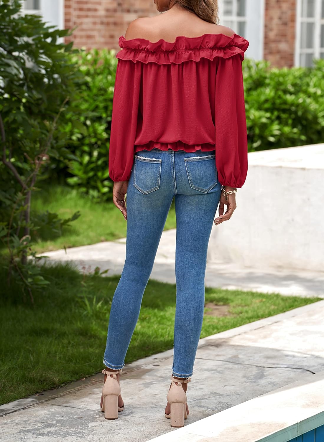 Womens Casual Off Shoulder Tops Long Sleeve Ruffle Flowy Chiffon Blouses Shirts - Image 4