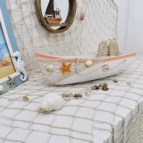 Miniatura 3 de Decoración de barco de playa para baño, bandeja de barco de madera náutica con conchas de red, bandeja decorativa de exhibición de barco con