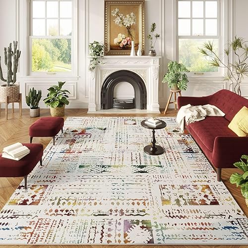 Area Rugs 8x10 Rug for Living Room Clearance Washable Boho Area Rug Non Slip Moroccan Vintage Low Pile Large Rug for Living Room, Bedroom, Farmhouse, Dining Room, Kids Playroom(Colorful)