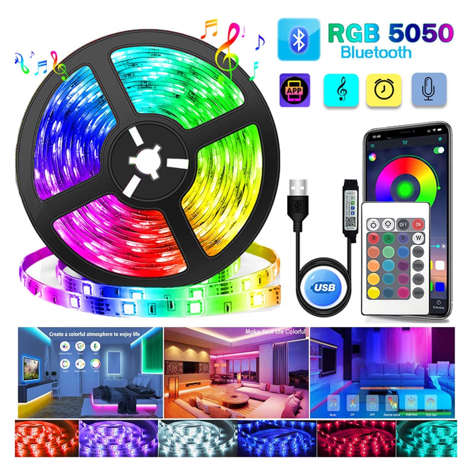 Taśma Led 20M Rgb z pilotem 5050 Usb Tv Podświetlenie Taśma Led 5V 15M Taśma Led do dekoracji ścian Sypialnia Gaming (Kolor: Zestaw kluczy Bluetooth 24 szt., rozmiar: 10 m)