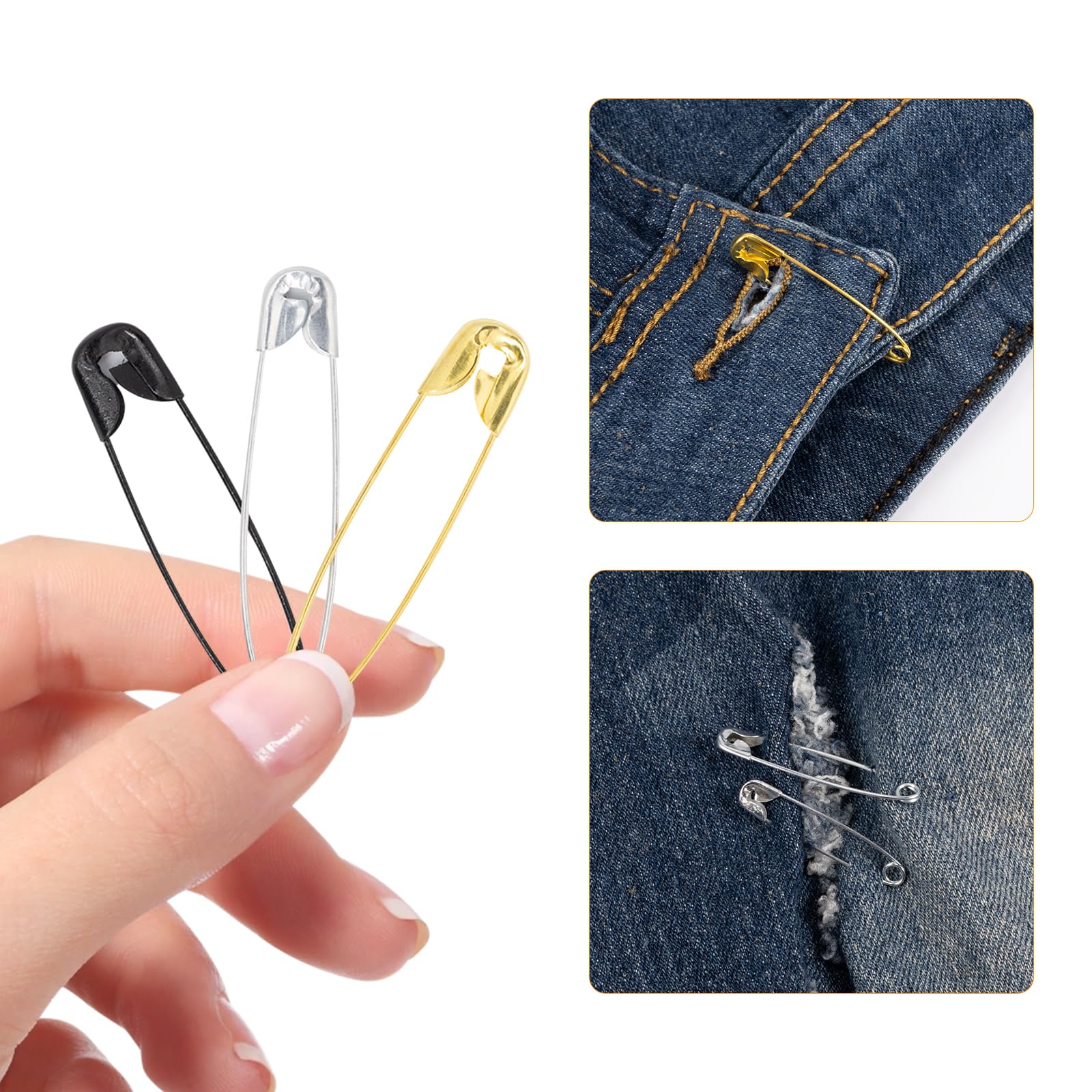Kiperline 900 spille da balia, 6 misure, da 18 a 53 mm, resistenti alla ruggine, resistenti alla ruggine, per abbigliamento, artigianato, cucito, (argento + nero + oro)