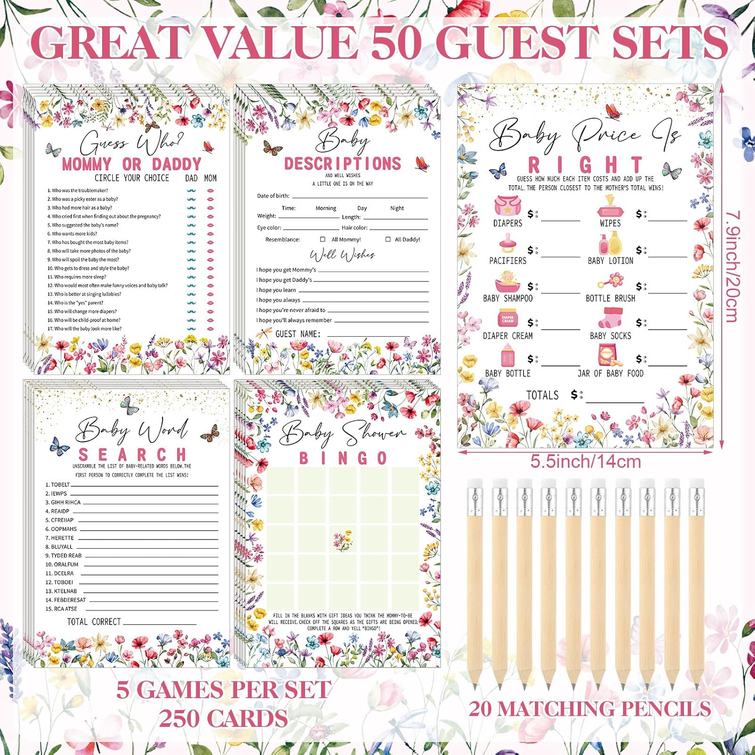 Patelai 321 Pcs Baby in Bloom Baby Shower Decorations Wildflower Gender Reveal Games 5 Set Don't Say Serve 50 Guests for Wildflower Gender Bloom Reveal Birthday Party Decorations Supplies