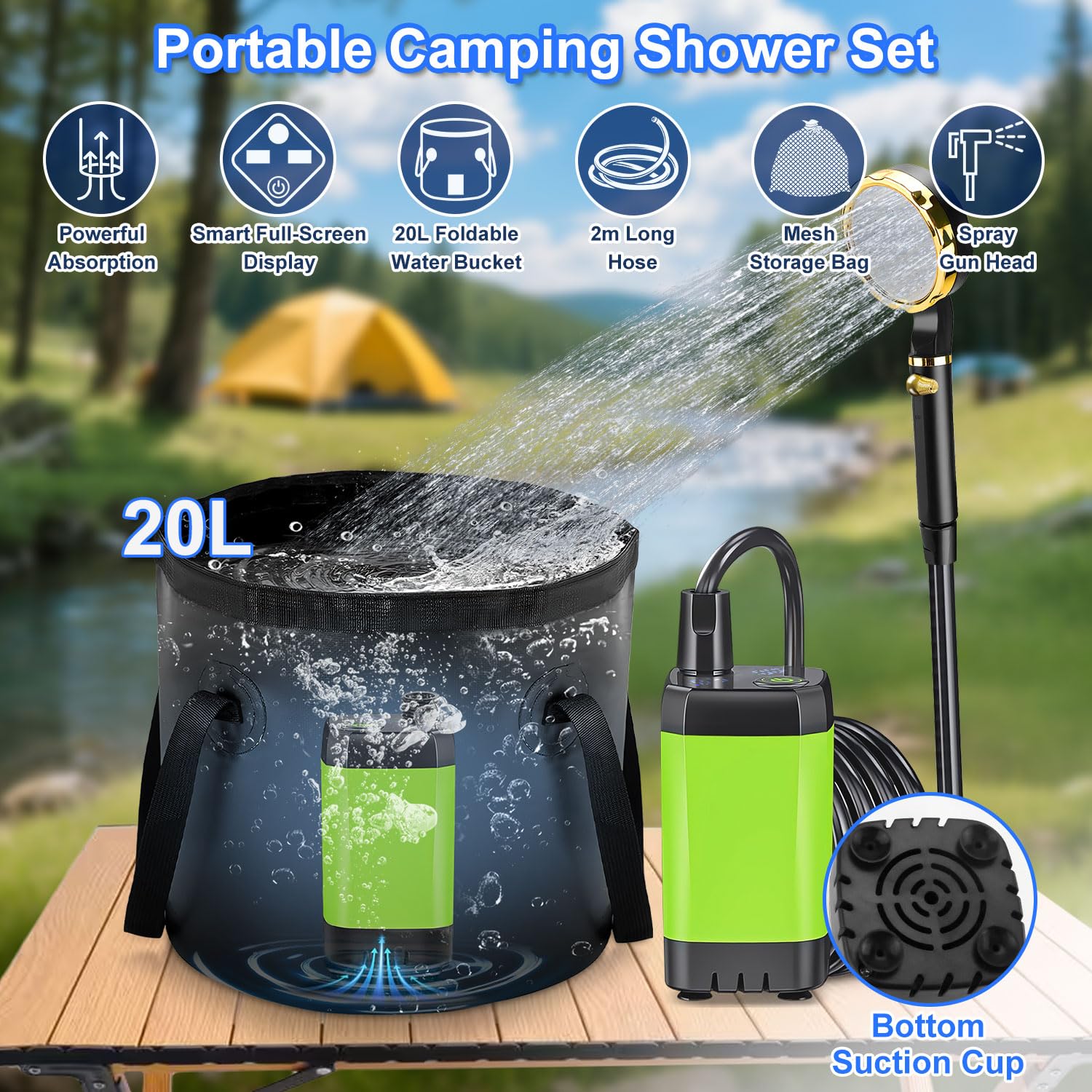 Anesty Kit de ducha portátil para camping, bomba de ducha portátil recargable de 6000 mAh con pantalla inteligente, cubo plegable de 20 L y accesorios para senderismo al aire libre, viajes, coche