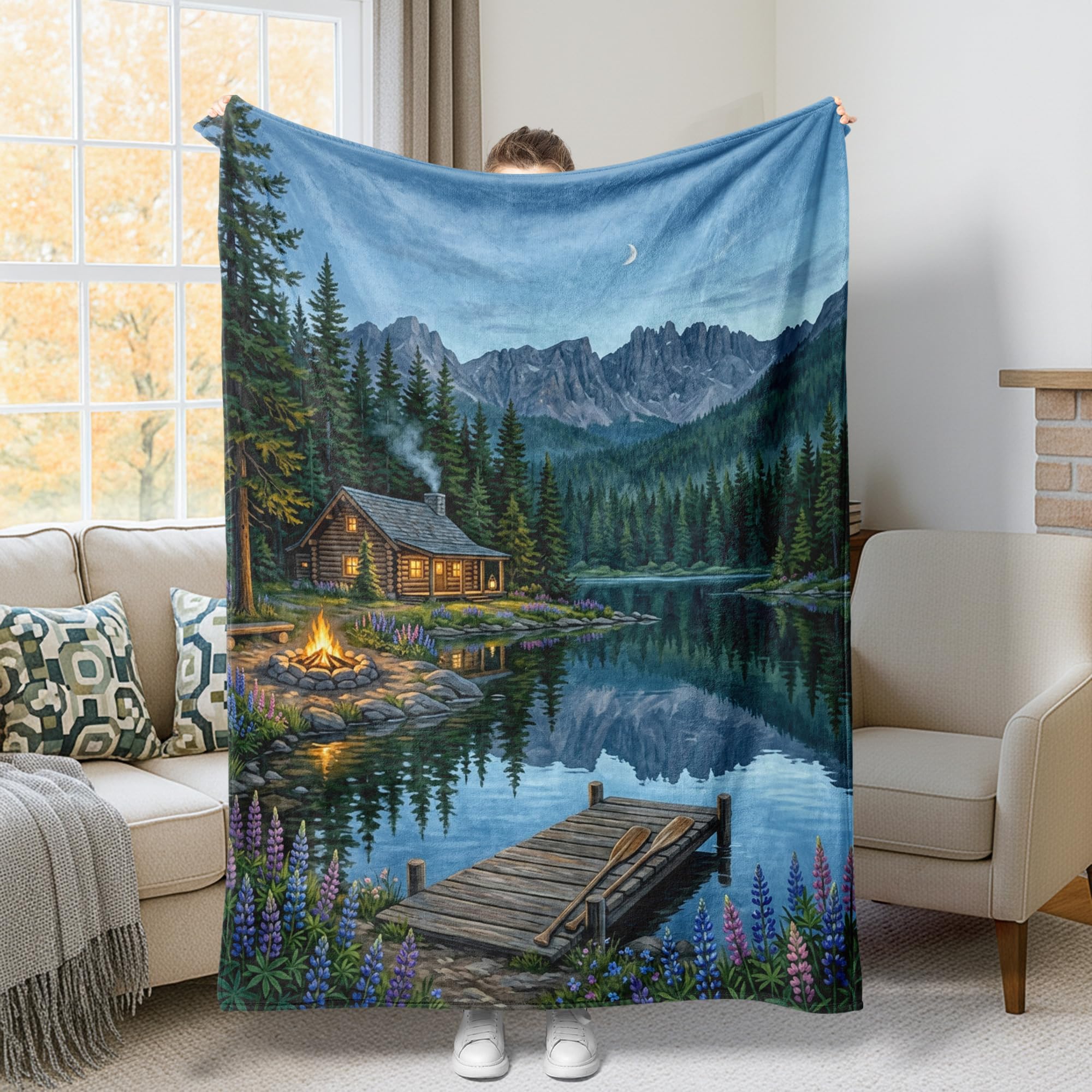 Couverture cabane rustique pelucheuse et compacte grand plaid vert motif lac et montagnes