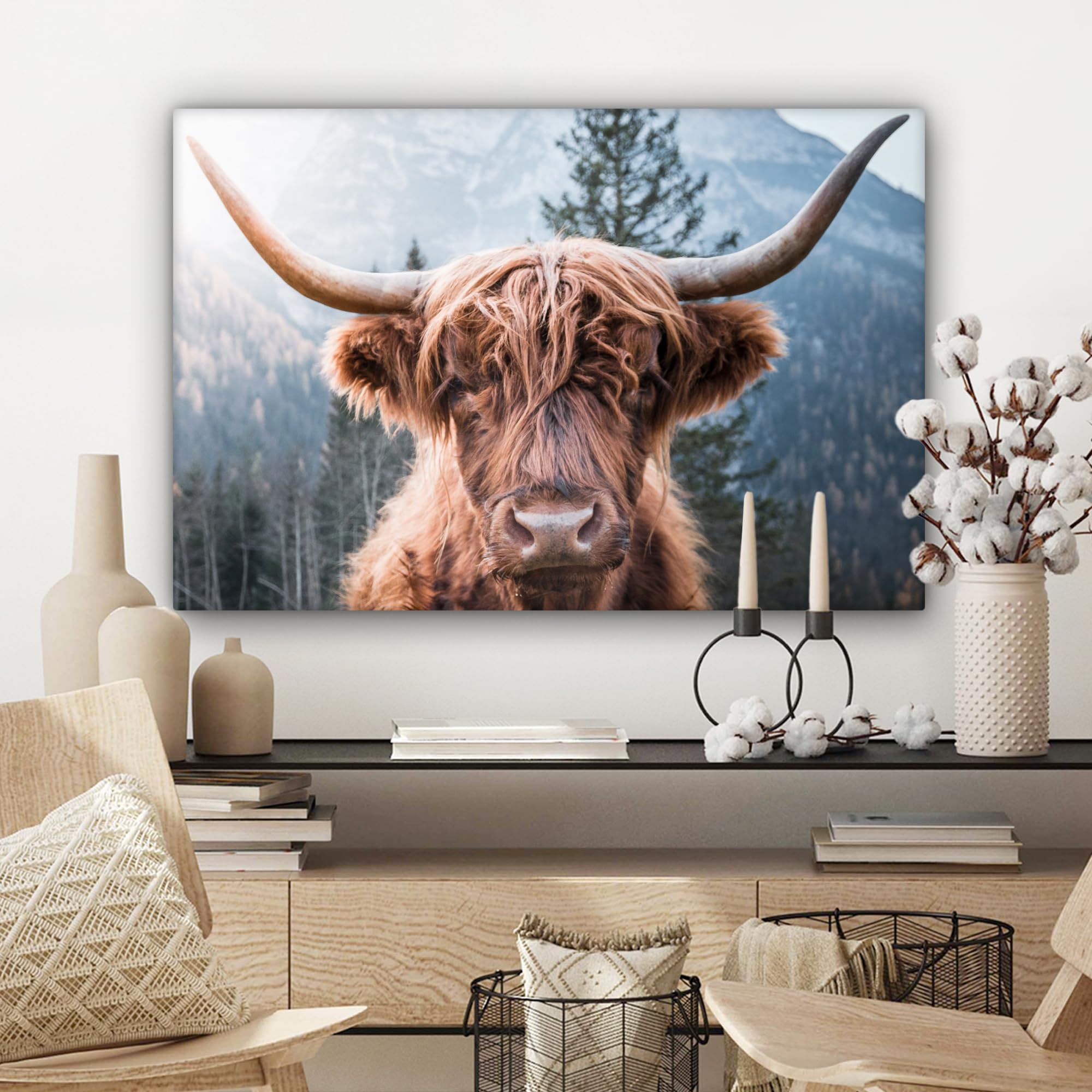 MuchoWow Leinwand Bilder, Einzigartige Wanddeko mit Rahmen, Schottischer Highlander - Berge - Porträt, Wandbilder Wohnzimmer, Deko Schlafzimmer 150x100 cm