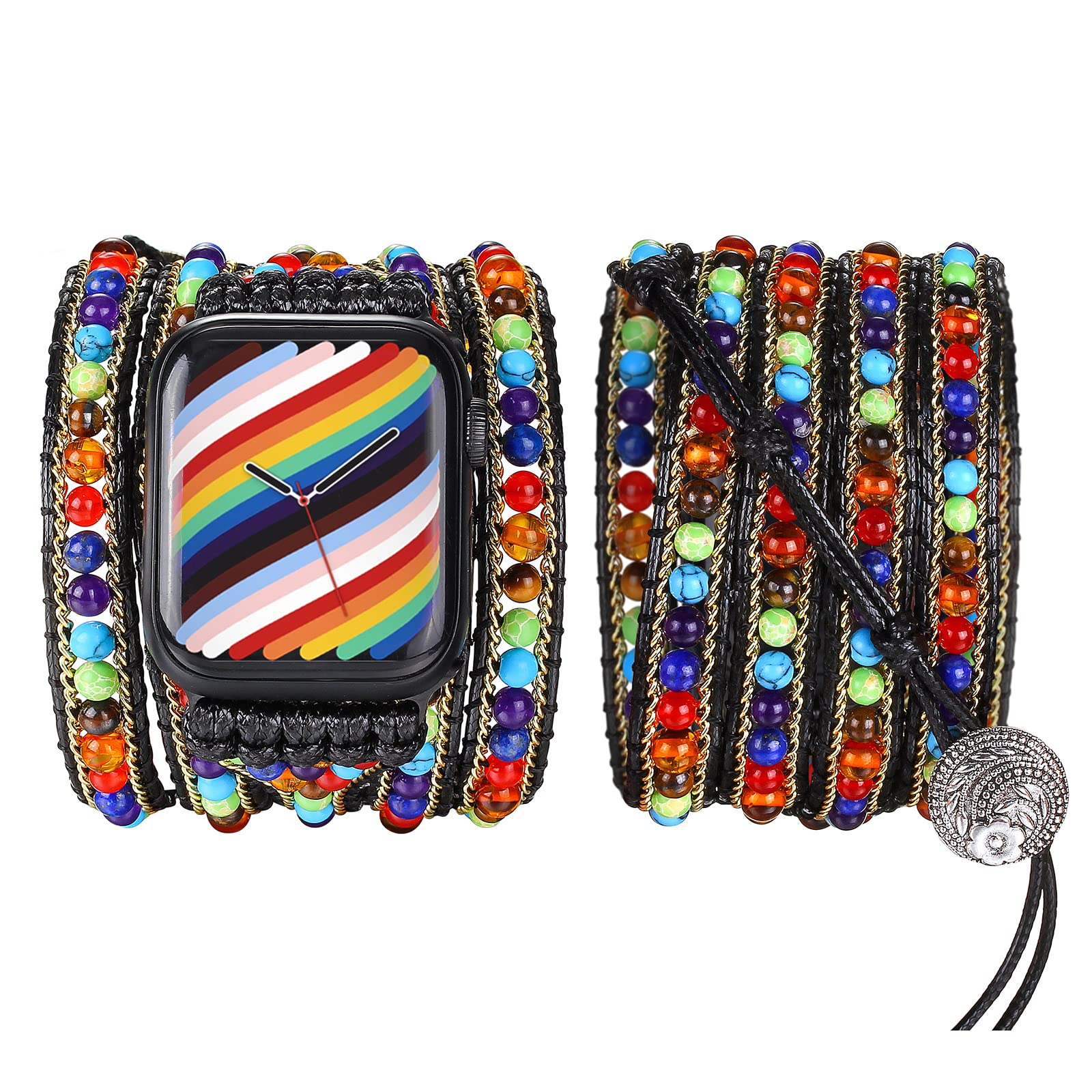 HARAVAL Wrap Bracelet Compatible With Apple Watch Band 41mm 40mm 38mm/49mm 45mm 44mm 42mm Women Men, Boho Chakra Energy Beaded Bracelet Watch Strap for iWatch SE Series 8/7/6/5/4/3/2/1/Ultra
