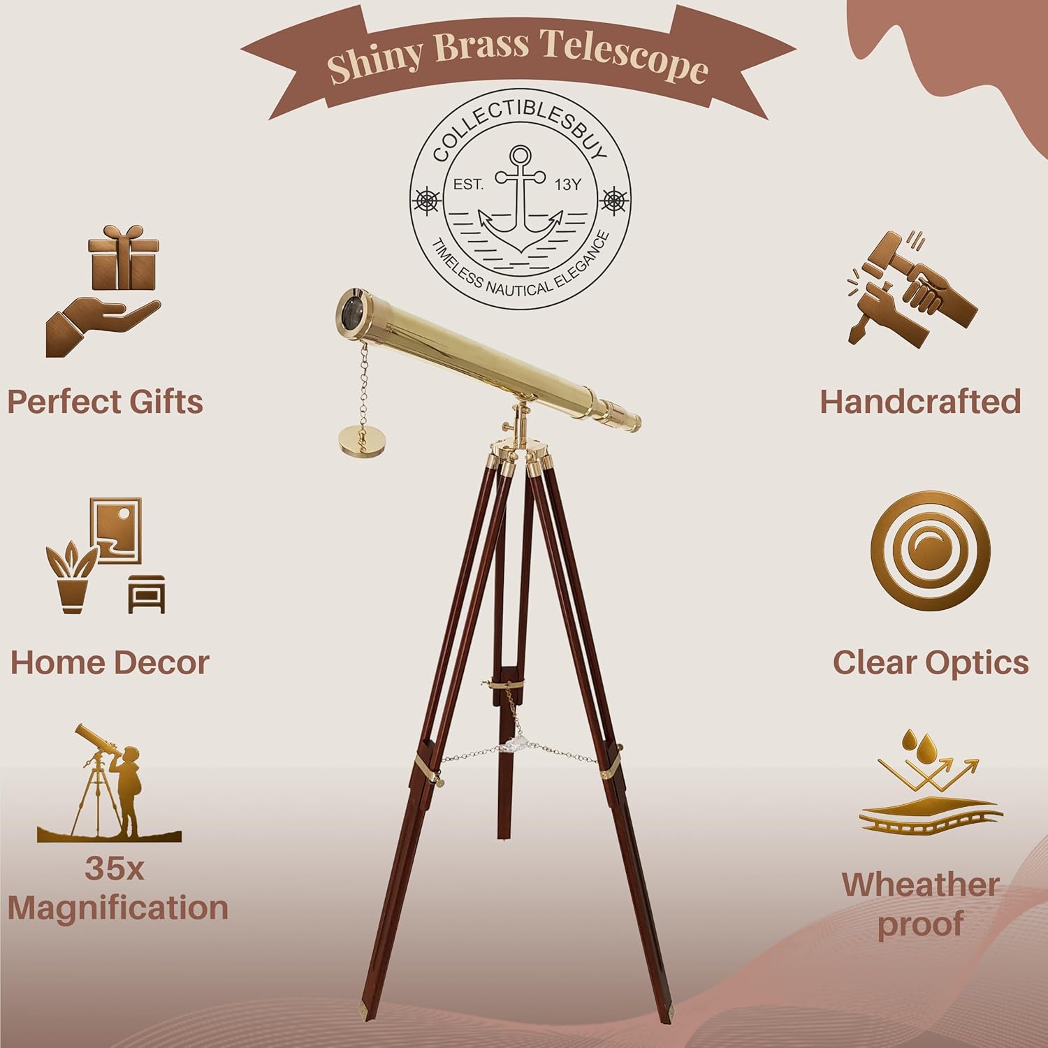 Shiny Brass Nautical Telescope with Wooden Tripod Vintage Spyglass in Golden & Brown Finish for Home Office Decor, Collector Display & Maritime Gift