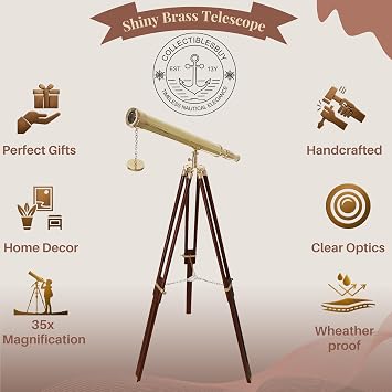 Shiny Brass Nautical Telescope with Wooden Tripod Vintage Spyglass in Golden & Brown Finish for Home Office Decor, Collector Display & Maritime Gift