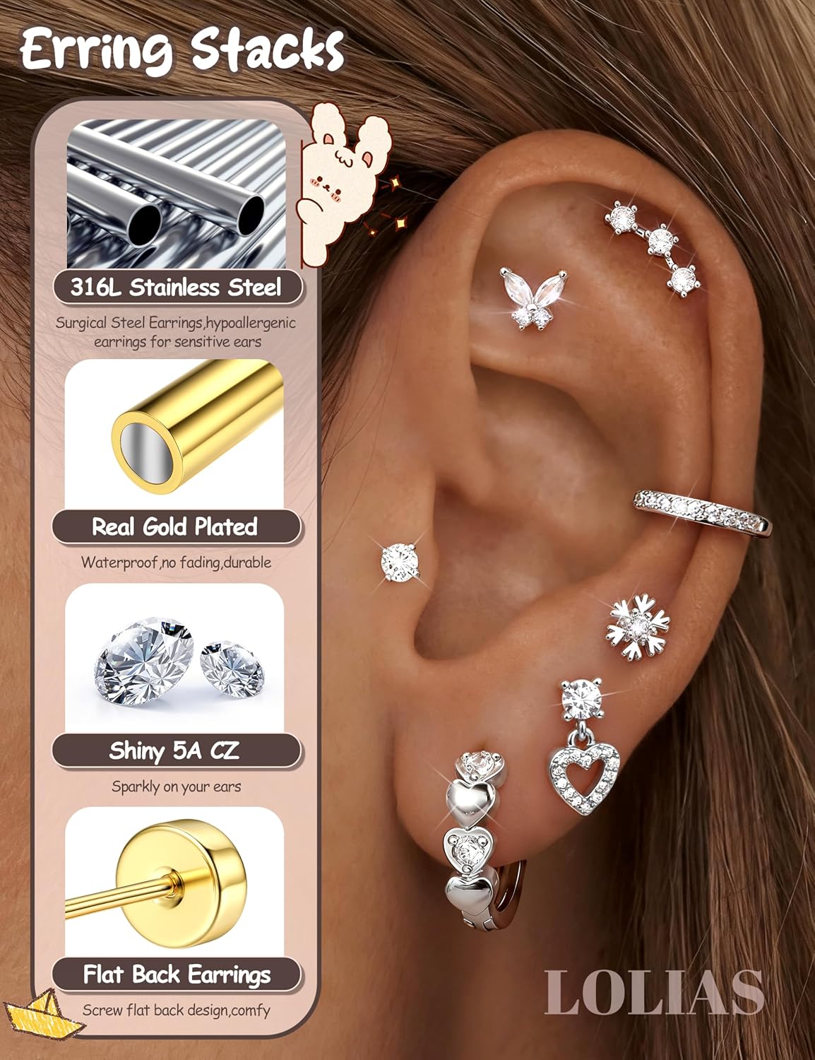LOLIAS Hypoallergenic Flat Back Earrings for Women Girls-Surgical Stainless Steel Earrings for Sensitive Ears-Cute Flatback Stud Earring Set Small Hoops Cartilage Earring Stacks - Image 3