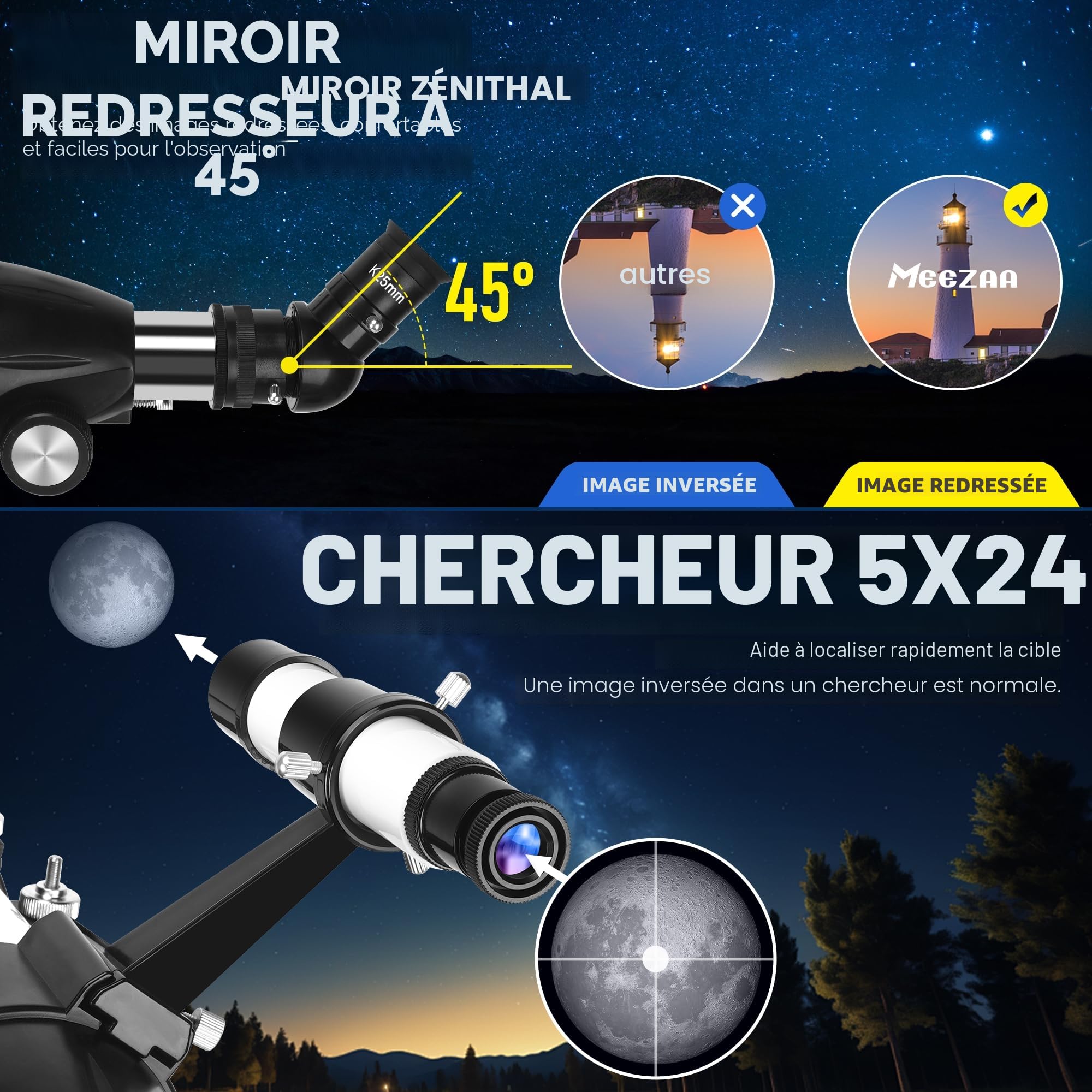 MEEZAA Télescope, Télescope Astronomique Adultes Professionnel, 90 mm Ouverture 800mm Portable et Puissante 32x-240x Télescopes Réfracteur pour Enfants et Débutants pour Observer la Lune et Planètes