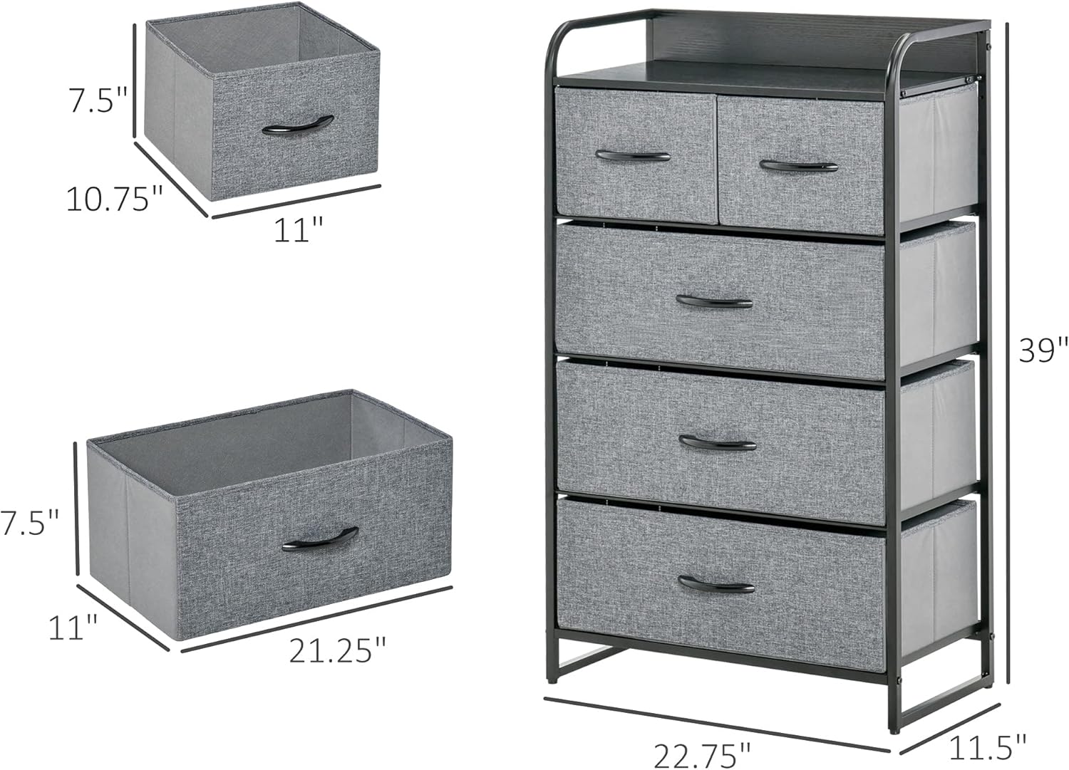 Diagram showing the dimensions of the HOMCOM 5-Drawer Fabric Dresser Tower and its drawers