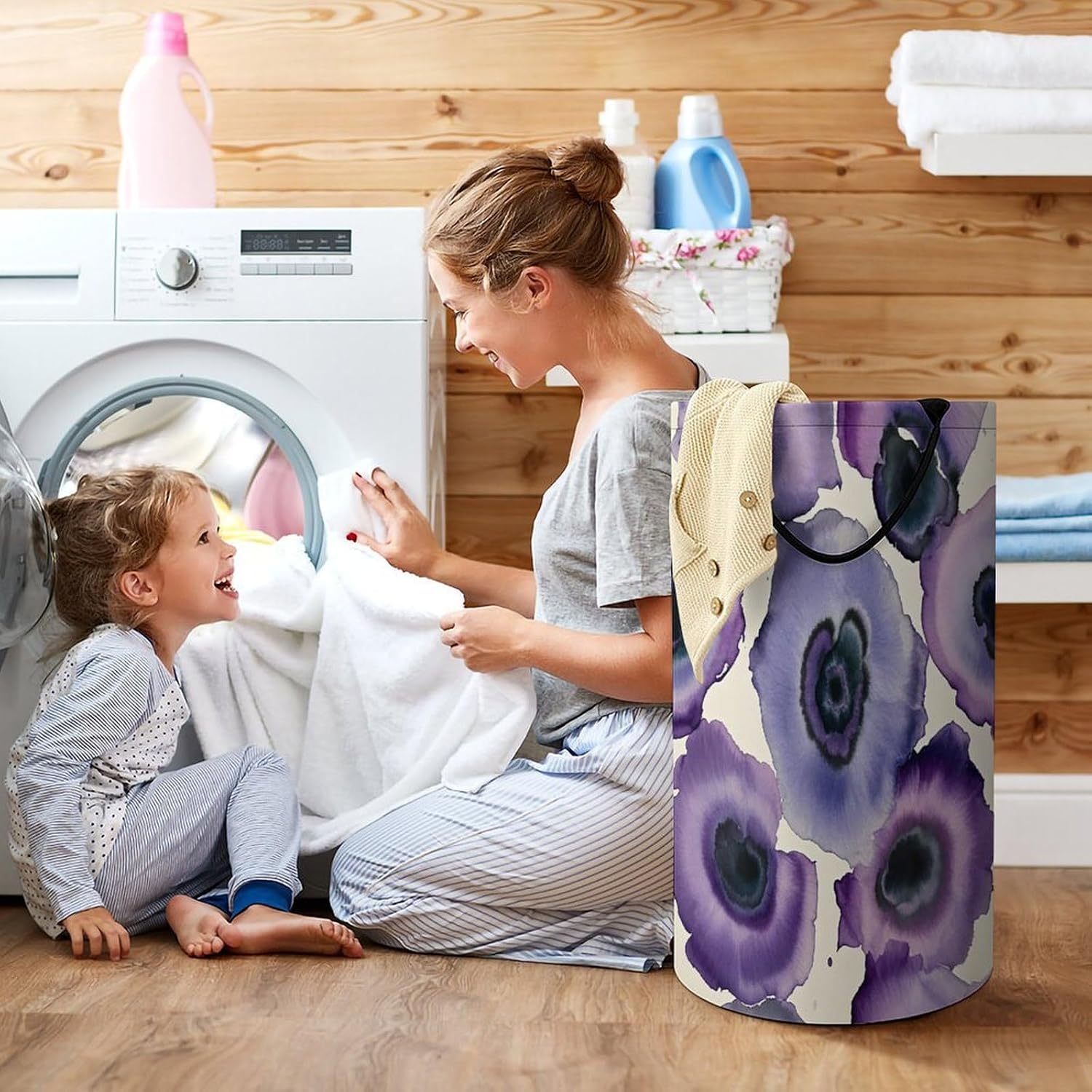 Abstract Watercolor Purple Laundry Basket 86L Laundry Hamper | Collapsible Clothes Hamper with Reinforced Handles Waterproof Tall Foldable Dirty Clothes Basket for Hotel, Home, Closet