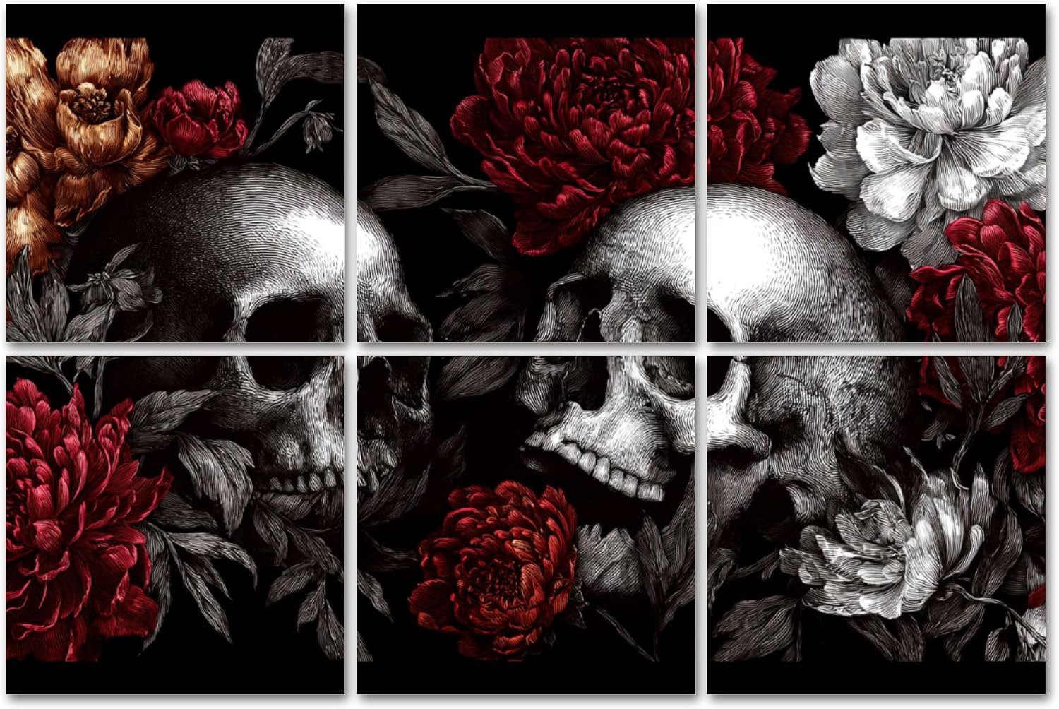 6 Panels Art Acoustic Panels Penoy Floral Black White Red Skulls Peonies Ink Lines Detailed Soundproof Wall Panels Padding Decorative Sound Absorbing Panels 72"x48" for Recording Studios Home