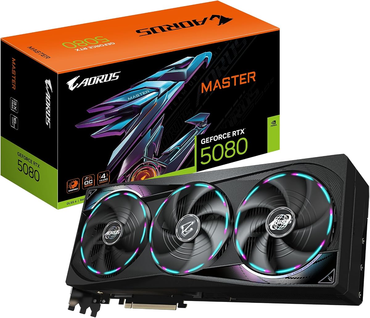 Aorus GeForce RTX 5080 Master 16G Graphics Card - 16GB GDDR7, 256 Bit, PCI-E 5.0, 2805MHz Core Clock, 3 x DisplayPort, 1 x HDMI, GV-N5080AORUS M-16GD