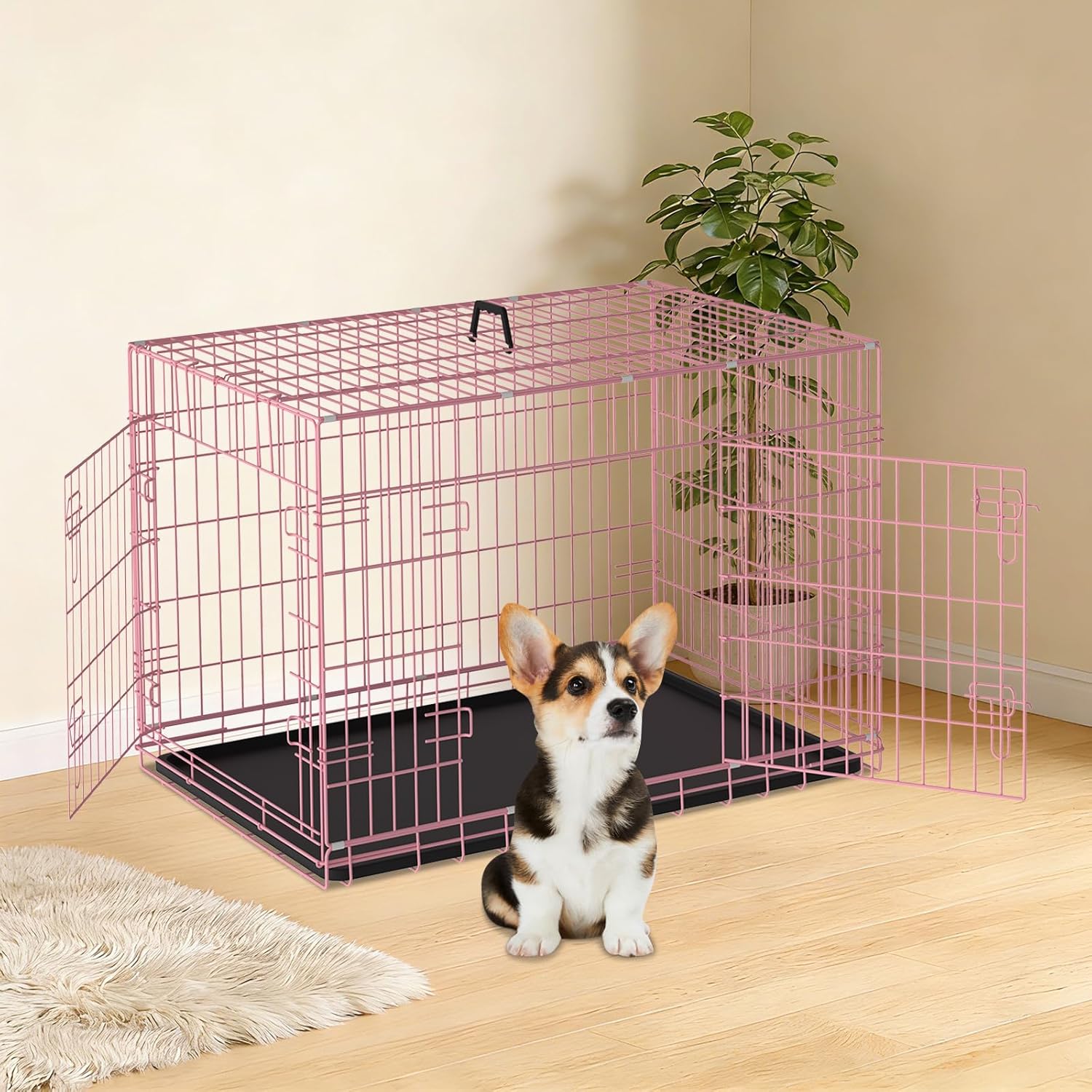 24" Pink Dog Cage Small Dog Crates for Small Dogs Poodle Folding Dog Kennels and Metal Wire Crates Pet Animal Segregation Cage Crate with Double-Door,for Dogs Training Indoor