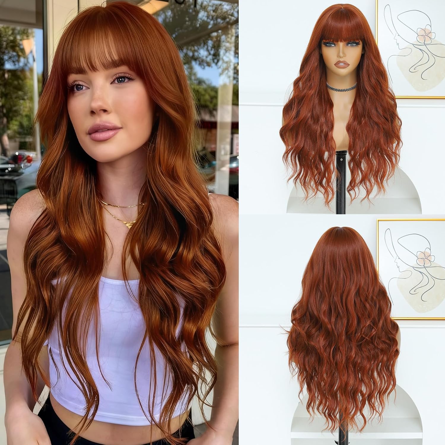 Auburn Wig for Women, Long Auburn Wavy Wig with Bangs 26 Inch Wigs Natural Looking Heat Resistant Synthetic Wig for Daily Party Use