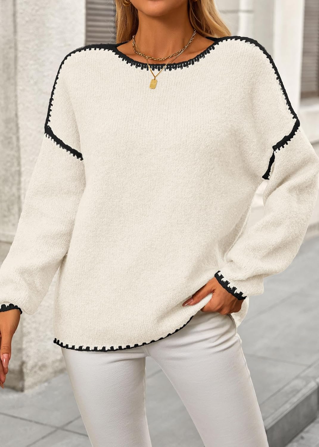 KIRUNDO Womens Sweaters 2026 Fall Oversized Long Sleeve Chunky Knit Crew Neck Contrast Stitching Pullover Winter Clothes - Image 6