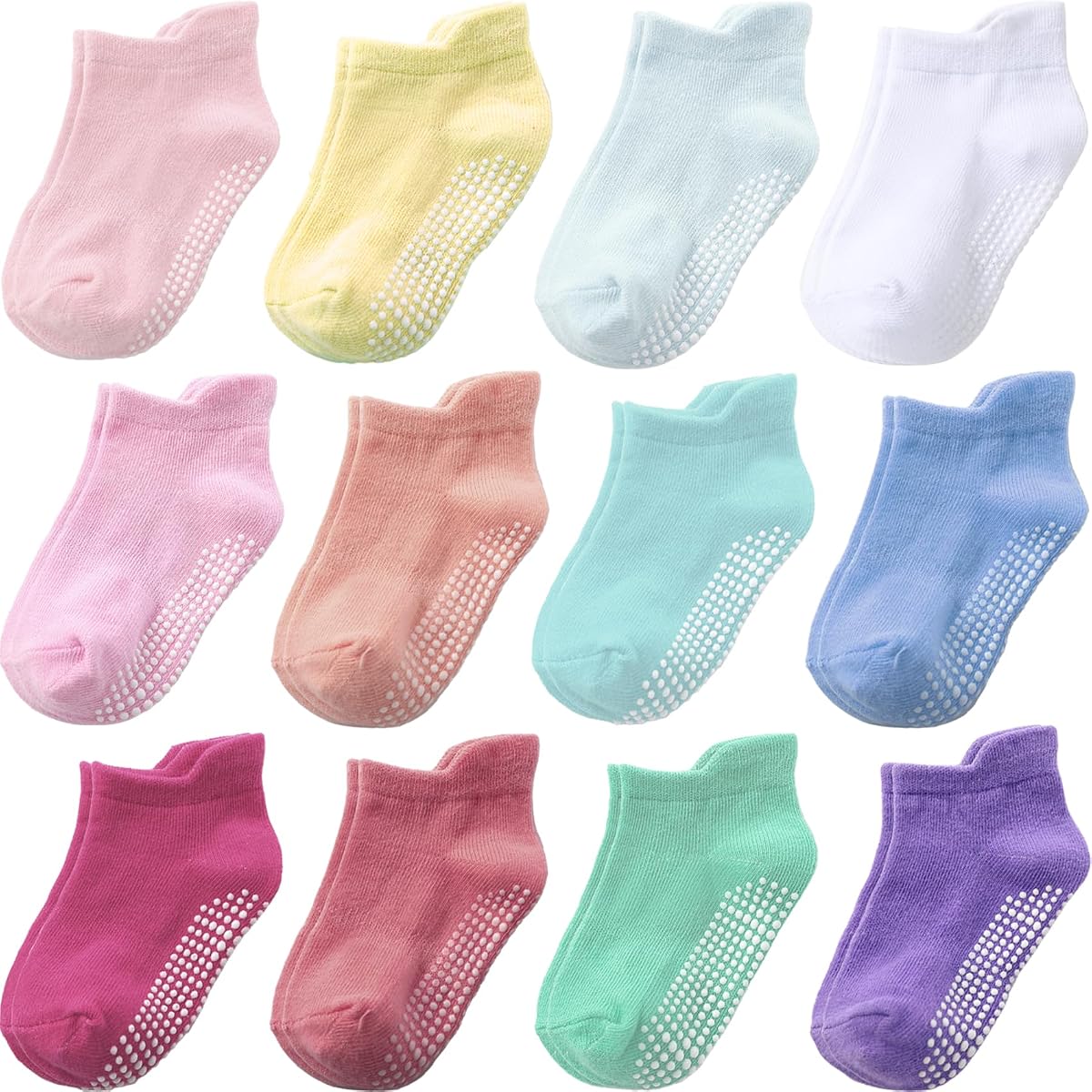 Baby Toddler Socks Grip Non Slip Boys Girls Cotton 12 Pack Ankle Socks | Algodón de PRIMERA CALIDAD suave, transpirable,antideslizante, 6 meses-7 meses de agarre, calcetines para niños pequeños, puños elásticos, uso diario unisex durante toda la temporada