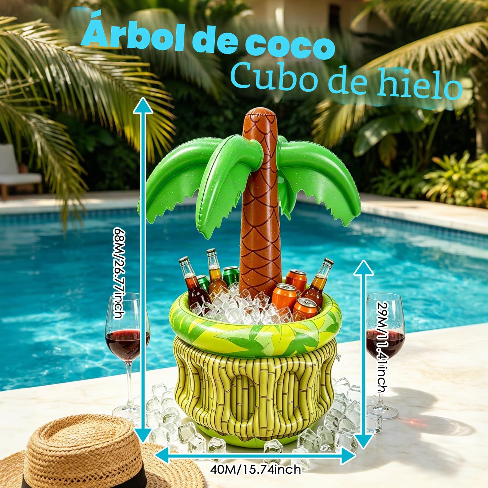 Enfriador de Bebidas Inflable con Forma de Palmera de 68 cm, Soporte para Bebidas Inflable, decoración Tropical Hinchable para Fiestas de Verano, Ideal para jardín, Piscina y Eventos al Aire Libre