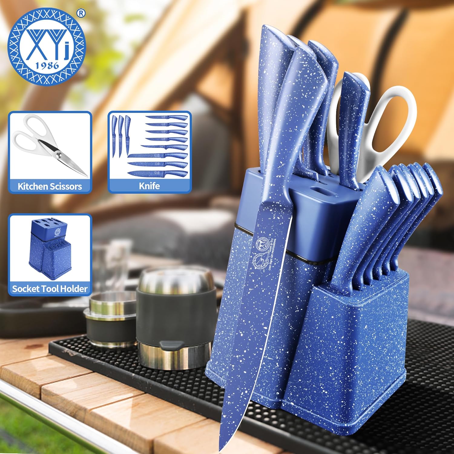 XYJ Authentic Since 1986,Kitchen Knife Block Set, Professional Japanese Chef Knife Set with Holder, Steak Knives, Stainless Steel Paring Bread Fish Boning Carving Slicing Knife,Blue - Image 7